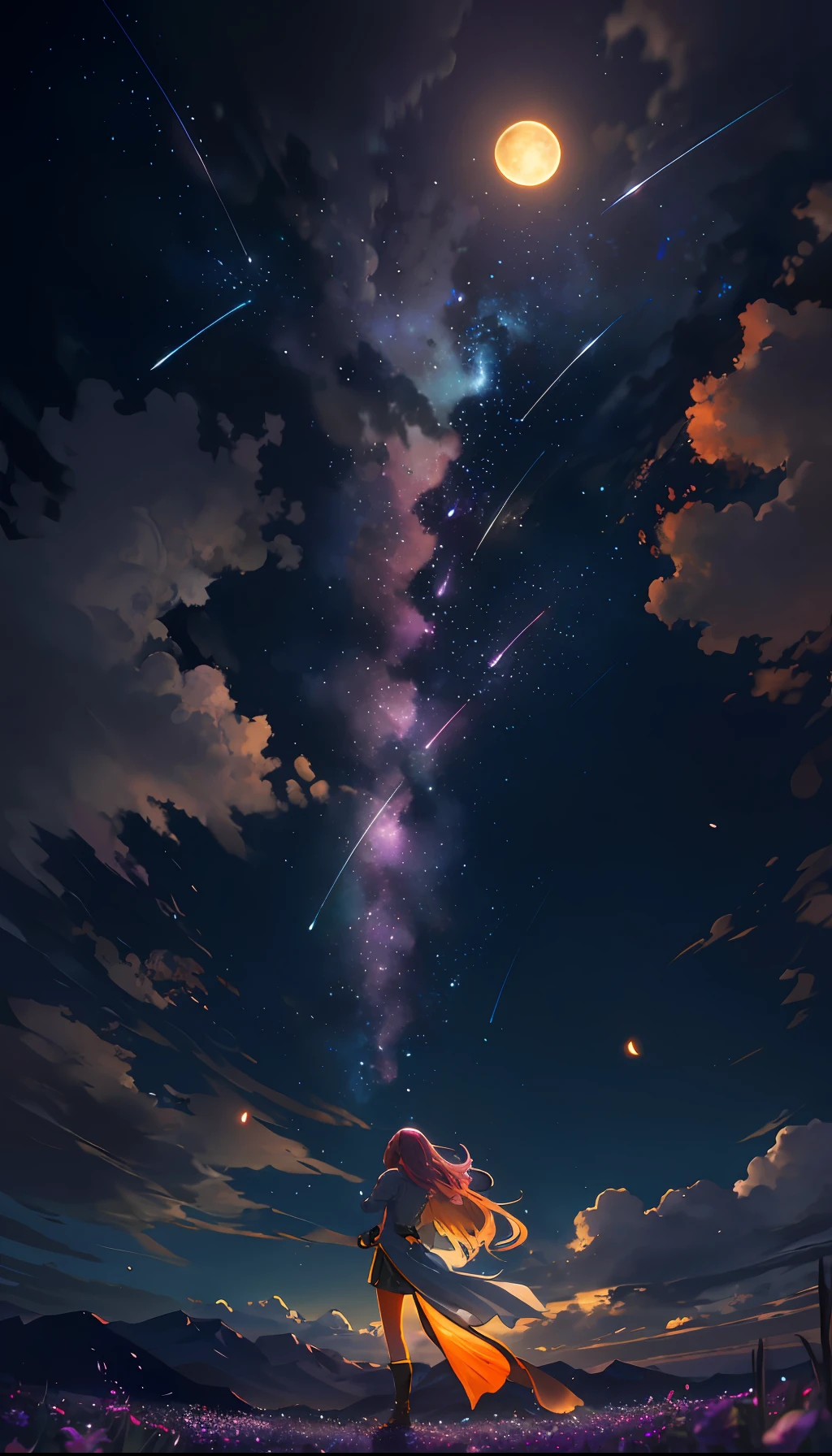Vast landscape photo, (viewed from below, the sky is above and the open field is below), a girl standing on a flower field looking up, (full moon: 1.2), (meteor: 0.9), (nebula: 1.3), distant mountains , Trees BREAK Crafting Art, (Warm Light: 1.2), (Fireflies: 1.2), Lights, Lots of Purple and Orange, Intricate Details, Volumetric Lighting, Realism BREAK (Masterpiece: 1.2), (Best Quality), 4k, Ultra-Detailed, (Dynamic Composition: 1.4), Very Detailed, Colorful Details, (Rainbow Colors: 1.2), (Glow Lighting, Atmospheric Lighting), Dreamy, Magical, (Solo: 1.2)