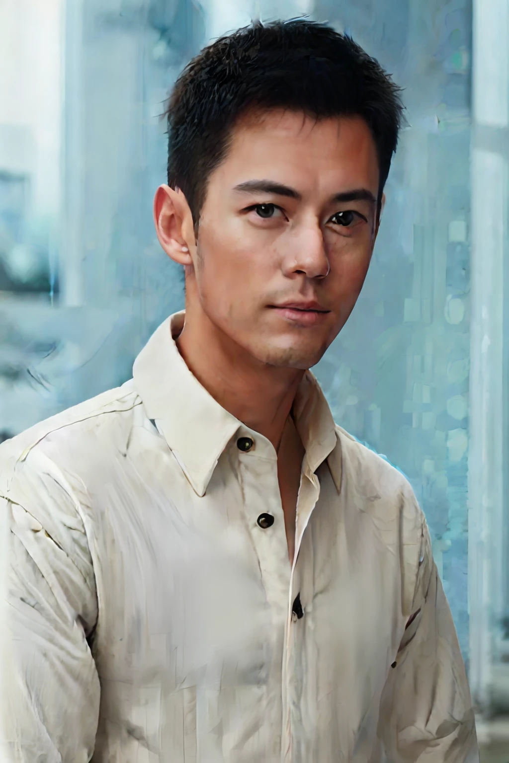 portrait of a Desperate businessman rick_oconnel, vogue, intricate, elegant, highly detailed, digital painting, concept art suspenders and white shirt, smooth, sharp focus, 8k, film grain, vignetting, chromatic aberrations, dramatic lighting