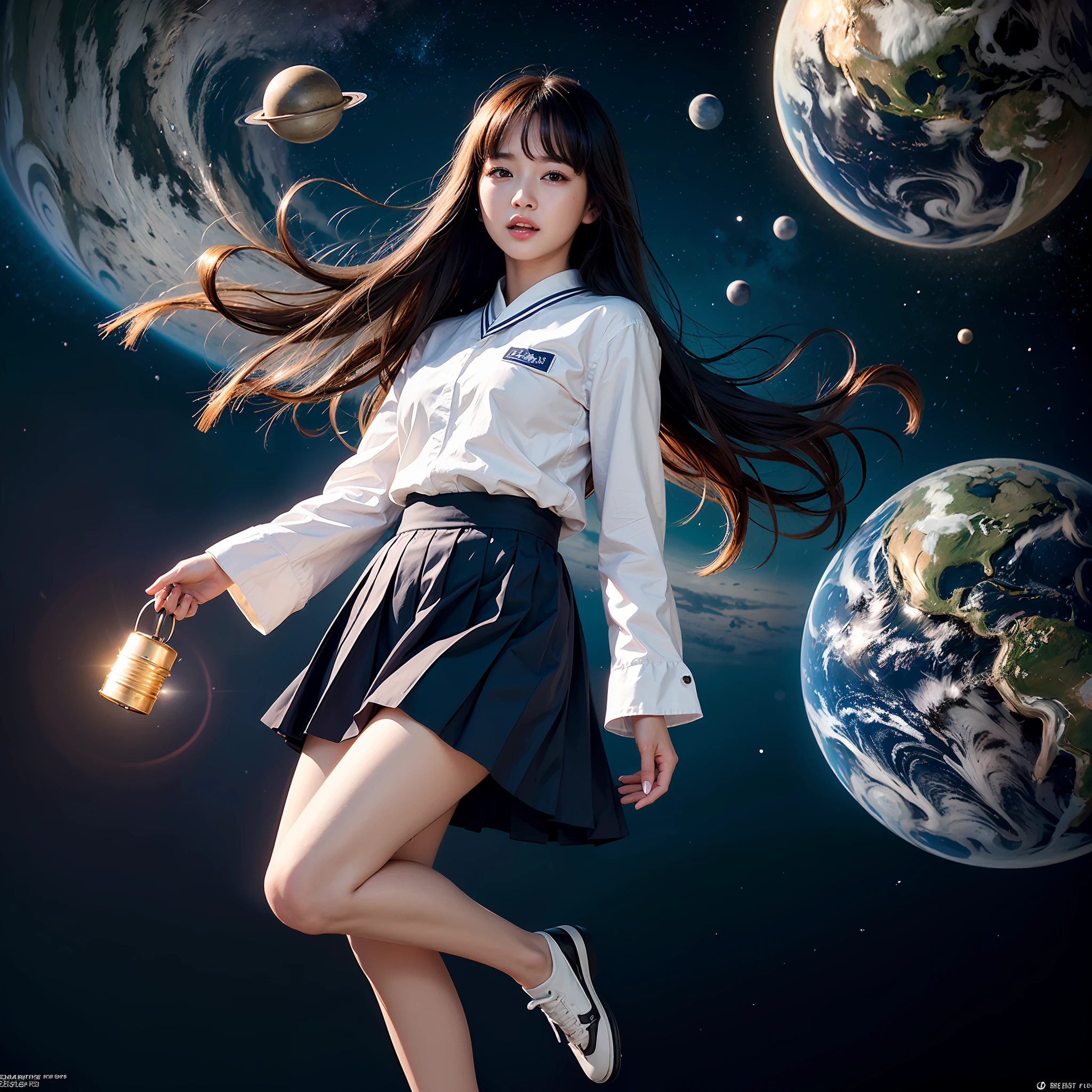 ((unparalleled masterpiece ever、best qualtiy、erfect artwork))、(realisitic, Photorealsitic:1.37)、kosmos、((Floating in outer space))、hovering、levitation、Aerial jumps、Spread your arms wide、Open posture、(slightly curled feet:0.2)、weightless、((weightless))、1girl in、、japanes、cute little、((JK Uniform、serafuku))、((Floating hair))、Medium length、A smile、((open open mouth))、Look at viewers、((Planet Earth as a background))、intergalactic、stele、planetes、milkyway、shooting stars、((full body seen))、very detailed and professional lighting、photon maping、Radio City、physically-based renderingt、光线追踪、breath taking、astonishing、finely detail、unbelievable Ridiculous、huge filesize、ultra-detailliert、hight resolution、the Extremely Detailed CG Unity 8K Wallpapers、a beautiful detailed girl、extremely detailed eye and face、beatiful detailed eyes
