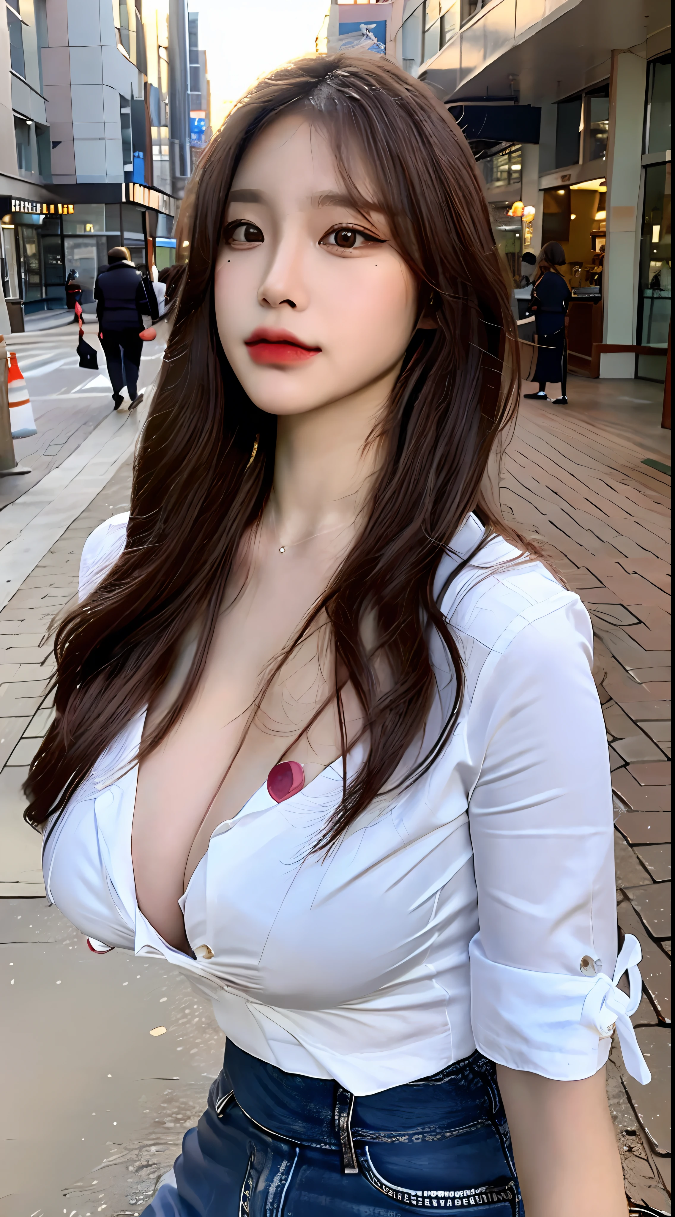 ((Best quality, 8k, Masterpiece :1.3)), Sharp focus :1.2, A pretty woman with perfect figure :1.4, Slender abs :1.2, ((Dark brown hair, gigantic breasts :1.4)), (wearing white button up shirt, Jean :1.1), City street:1.2, Highly detailed face and skin texture, Detailed eyes, Double eyelid