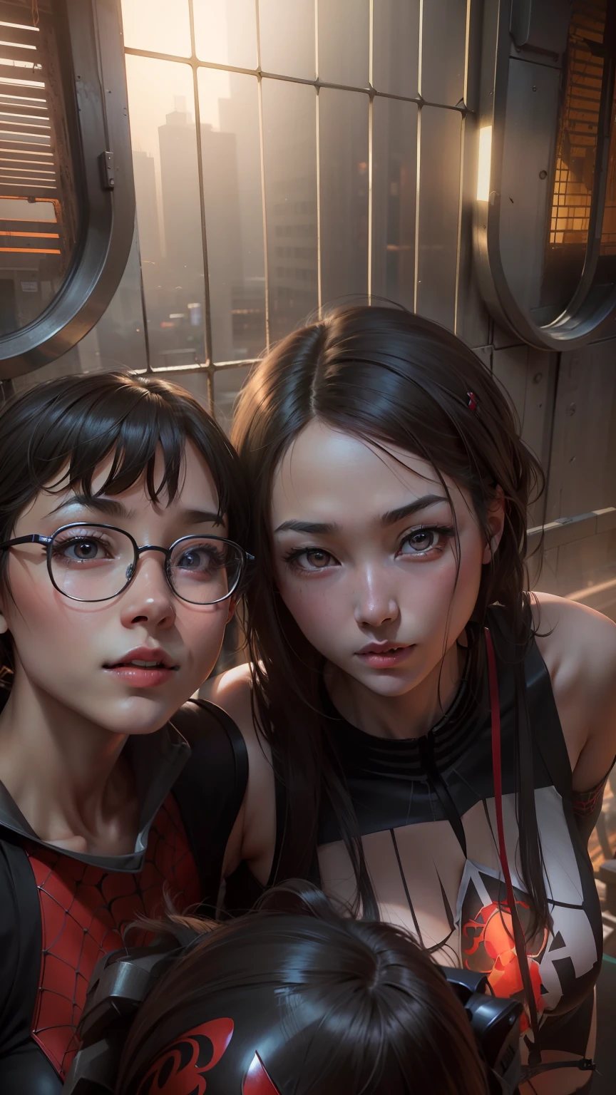 (1girll:1.3), 独奏, (((very vey very detailed face))),((very detailed eyes and faces))),beatiful detailed eyes,offcial art,Unified 8k wallpaper,ultra-detailliert,Handsome,short detailed hair,big breasts beautiful,tmasterpiece,best qualtiy,primitive,tmasterpiece,ultra fine photos,best qualtiy,超高分辨率,photorealistic realism,rays of sunshine,full-body portraits,dynamicposes,delicated face,Vibrant eyes,(From the front side), she is in a spider-man suit,Red and black color scheme,arachne,Very detailed abandoned warehouse background,详细的脸,detailed complex busy background,Clear focus,volume fog,8K UHD,digital SLR camera,high qulity,filmgrain,photo-realism,DL,A huge metropolis of the dystopia of the future,photorealestic --auto