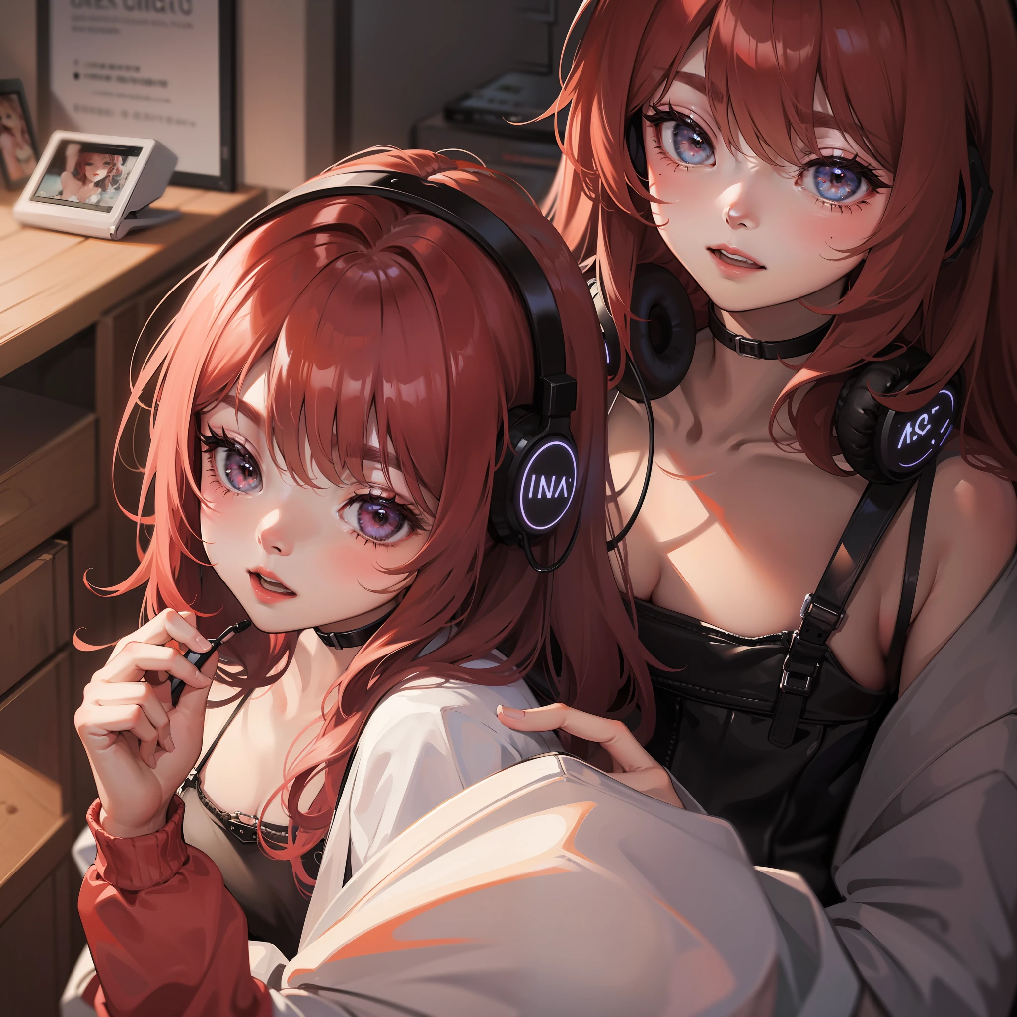 Highres, masterpiece, room, earphone, music, handphone, 1 girl, dark room, beautiful girl, cute, 18 yo