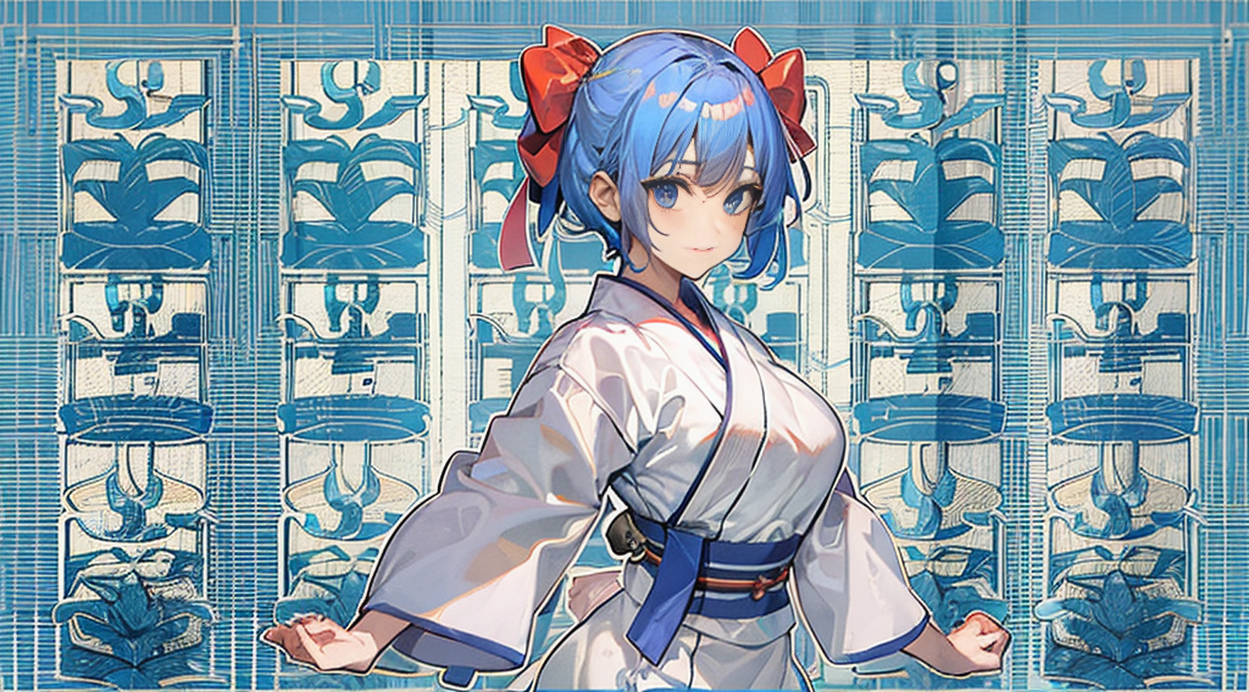 masutepiece, Best Quality,Karate Techniques, 1girl in, short blue hair, Blue eyes, arms behind back, Large breasts, face to the viewer, Upper body, Komono,