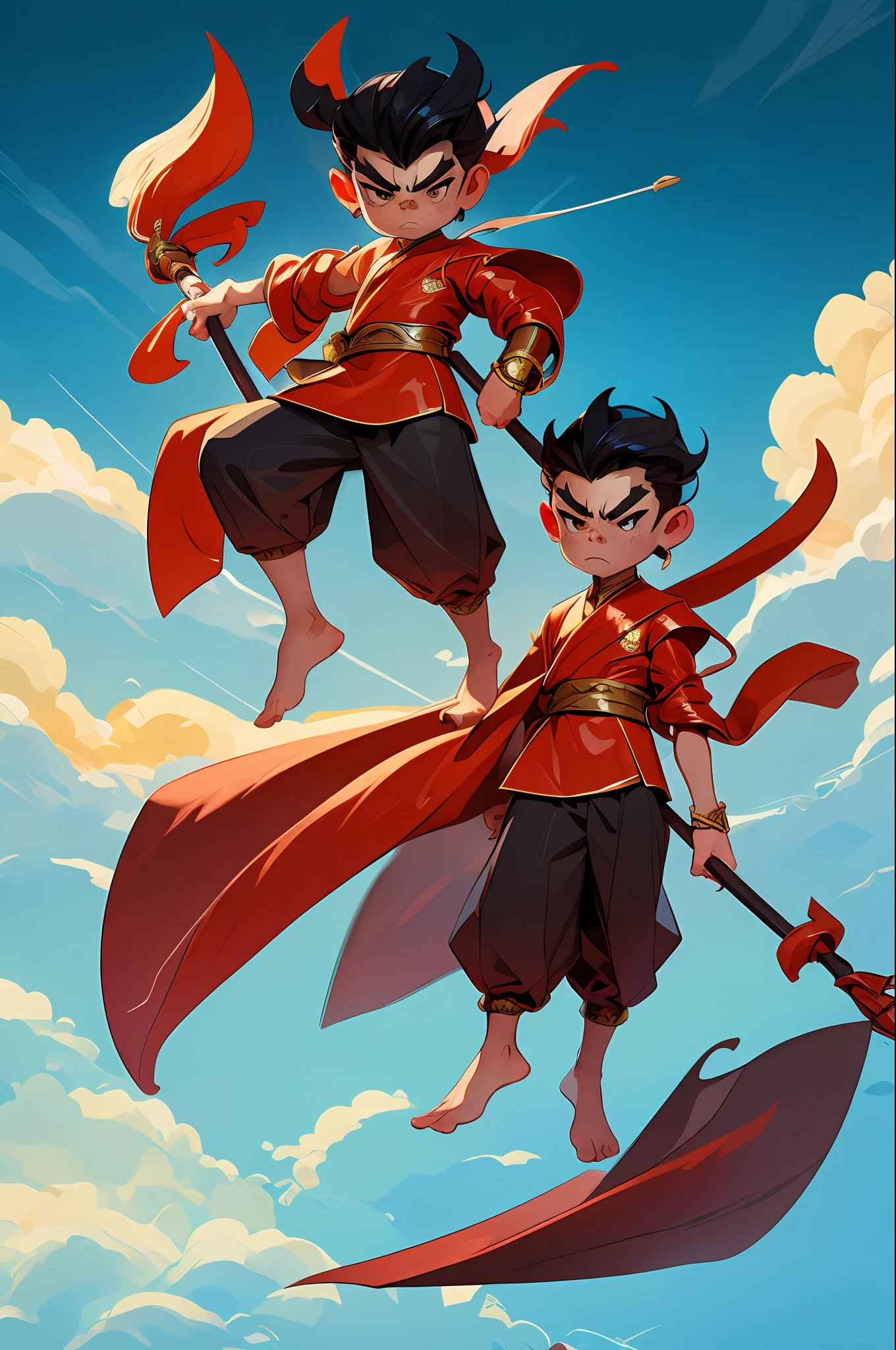 1 boy, angry, holding a spear, (flying), Chinese mythology, cloudy, detailed sky, abstract background, (flame_surge_style:0.5), barefoot, (12 years: 1.5),