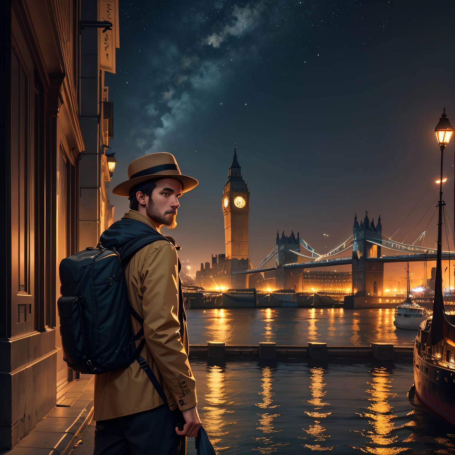 A man in a backpack standing in front of a city like London's port in the 1800s at night with yellowish lights --auto