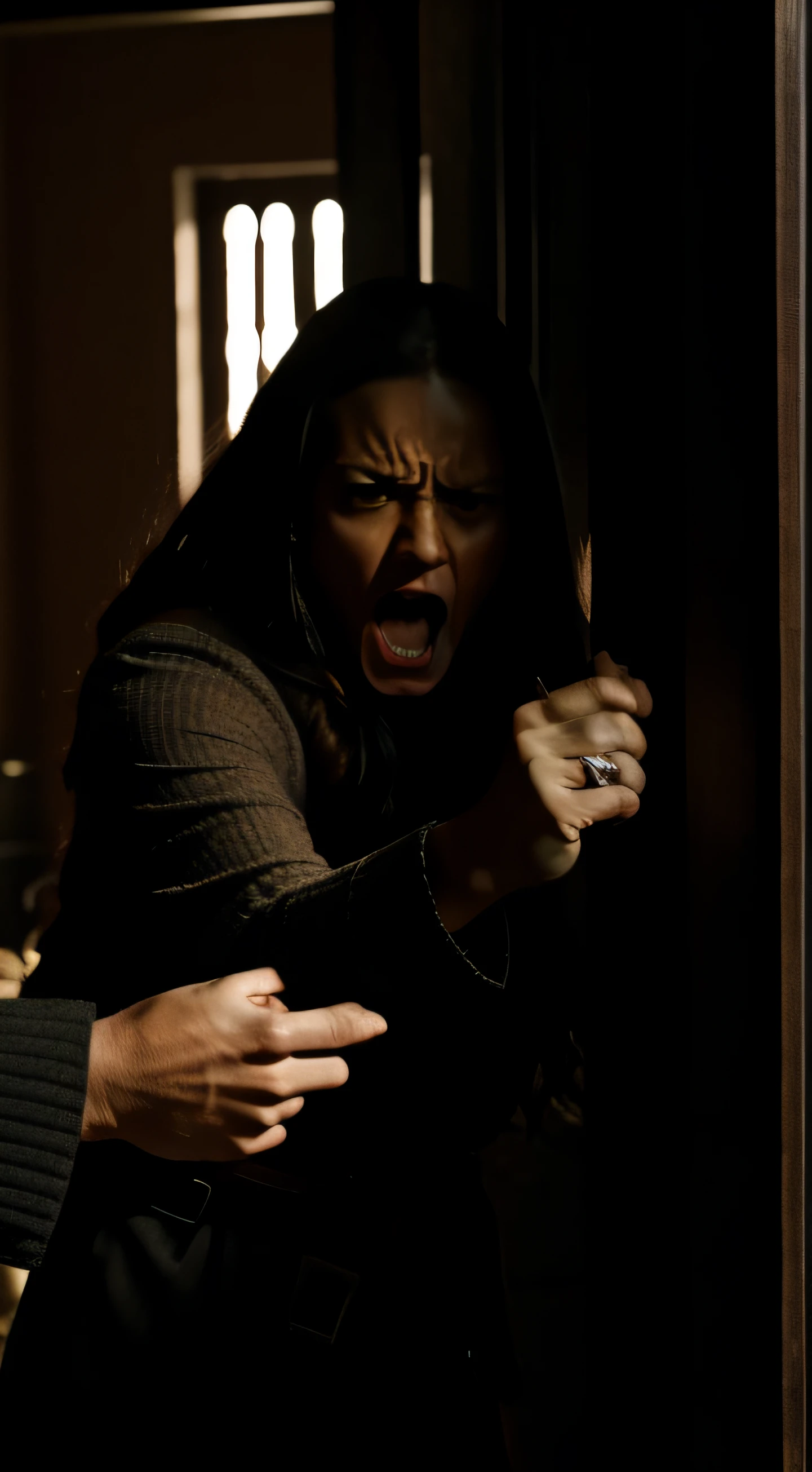 a man grabbed a woman with angry. The background is in a house