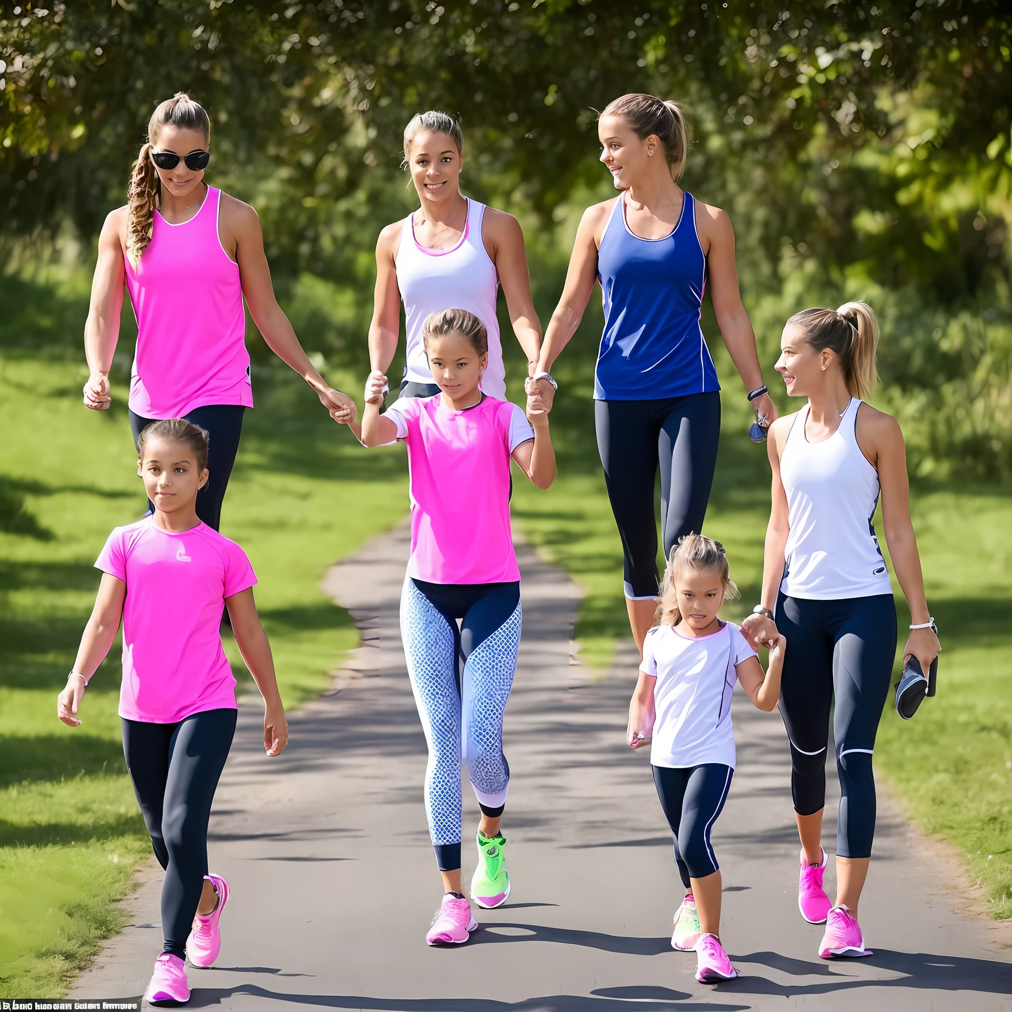 Woman In Pink And Blue and White Workout Clothes Along With Her 15-Year-Old Daughter Walking With Her Husband Negão 30 Years --auto