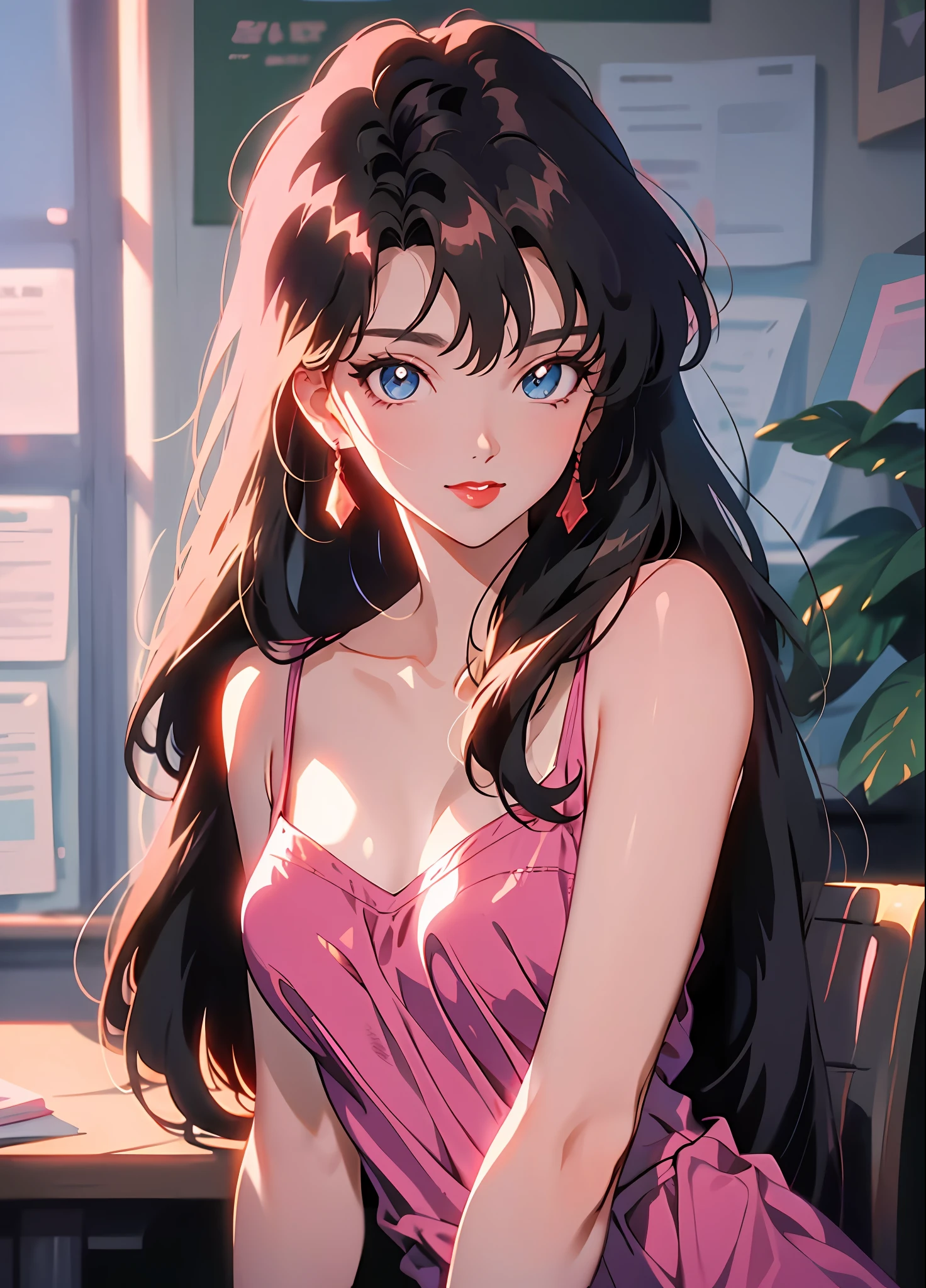 90's anime style，tmasterpiece，best qualityer，highest  quality，realisticlying，perfectanatomy，perfectface，Perfect eyes，long eyelasher，largeeyes，eye glass，red lips，lipstick，Business suit，1girll，独奏，brunette color hair，shift dresses，eBlue eyes，shairband，（cabelos preto e longos），Pink dress，blacksilk，red hairband，exteriors, ssmile