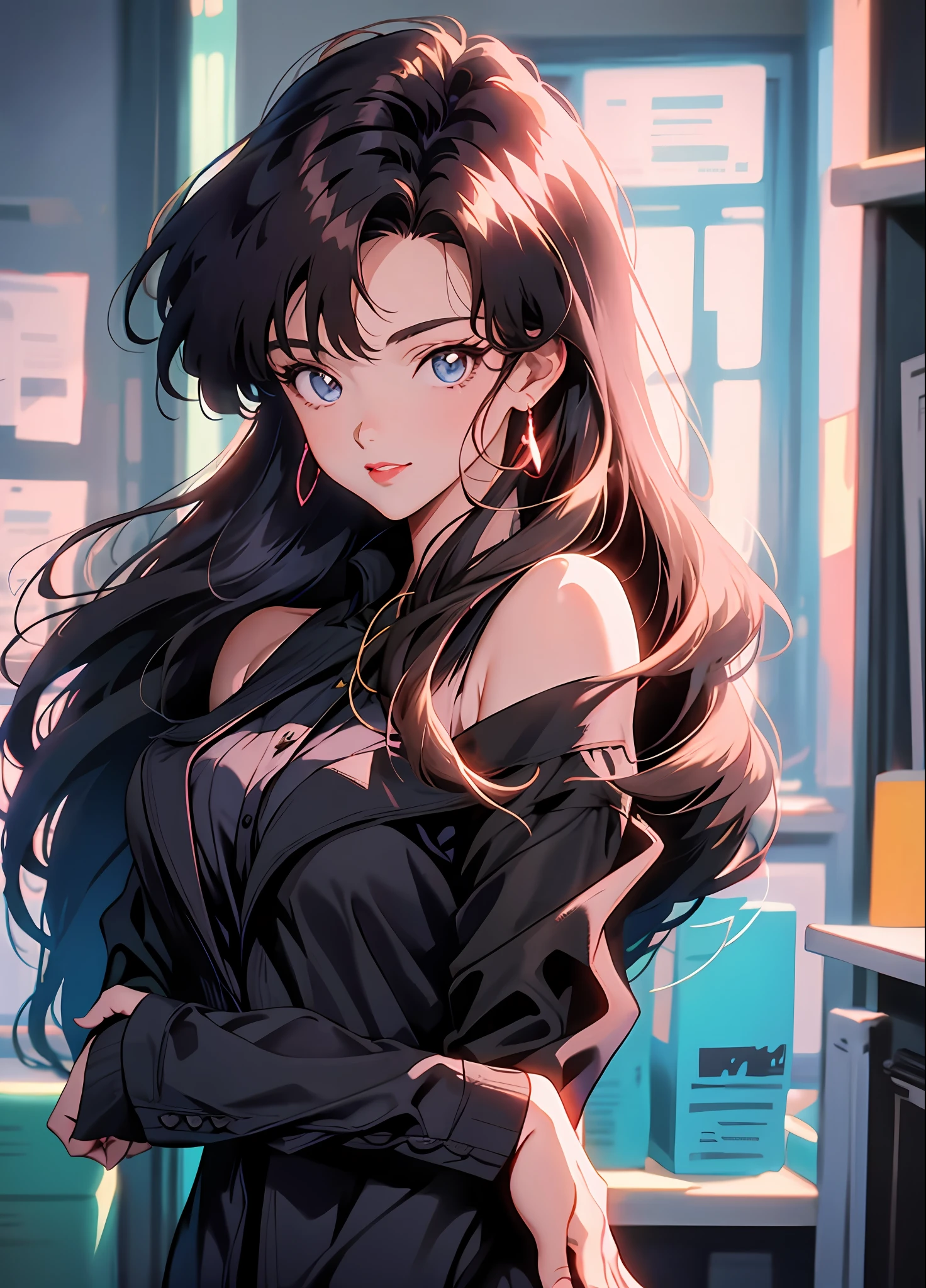 90's anime style，tmasterpiece，best qualityer，highest  quality，realisticlying，perfectanatomy，perfectface，Perfect eyes，long eyelasher，largeeyes，eye glass，red lips，lipstick，Business suit，1girll，独奏，brunette color hair，shift dresses，eBlue eyes，shairband，（cabelos preto e longos），Pink dress，blacksilk，red hairband，exteriors, ssmile