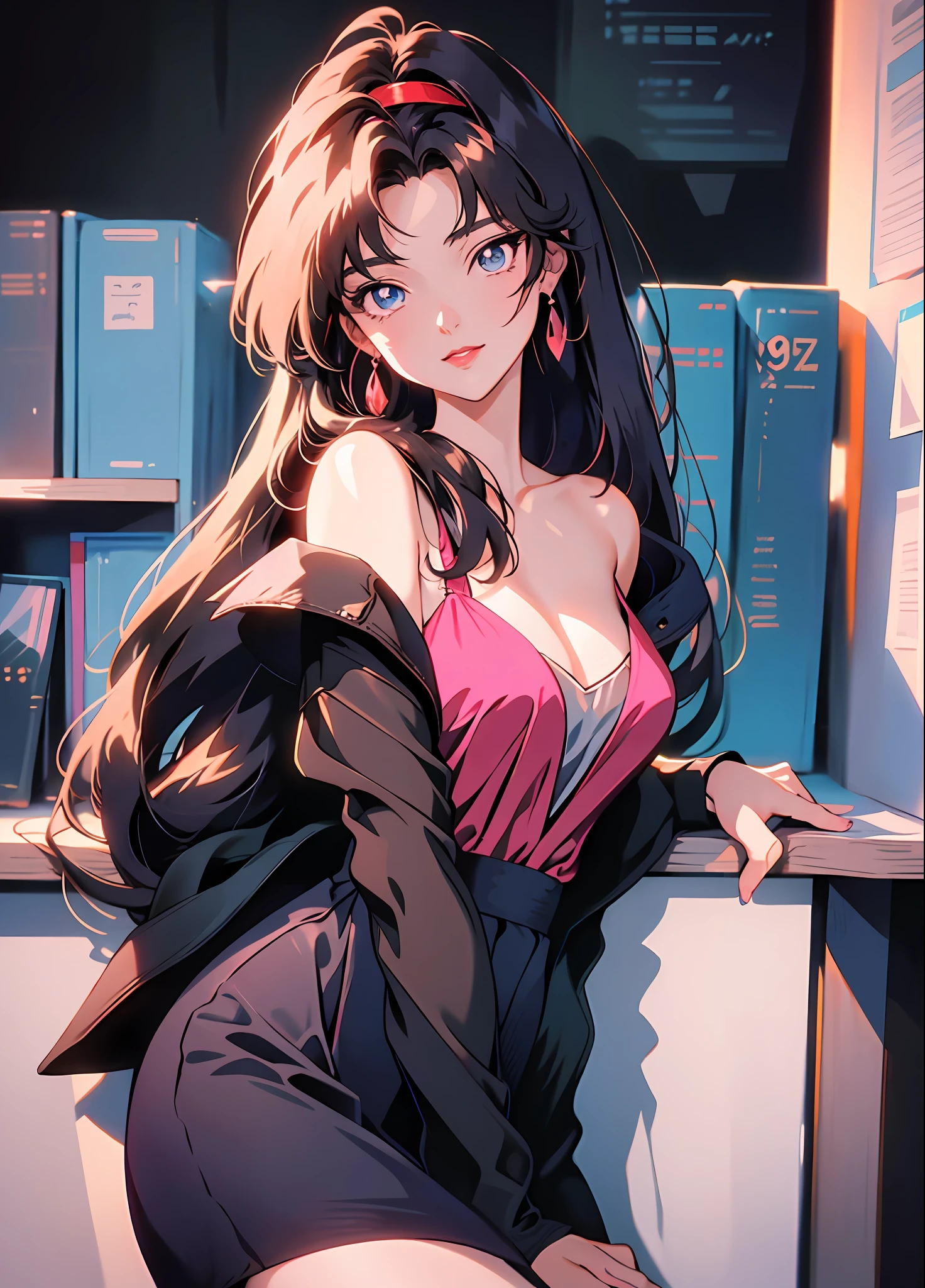 90's anime style，tmasterpiece，best qualityer，highest  quality，realisticlying，perfectanatomy，perfectface，Perfect eyes，long eyelasher，largeeyes，eye glass，red lips，lipstick，Business suit，1girll，独奏，brunette color hair，shift dresses，eBlue eyes，shairband，（cabelos preto e longos），Pink dress，blacksilk，red hairband，exteriors, ssmile