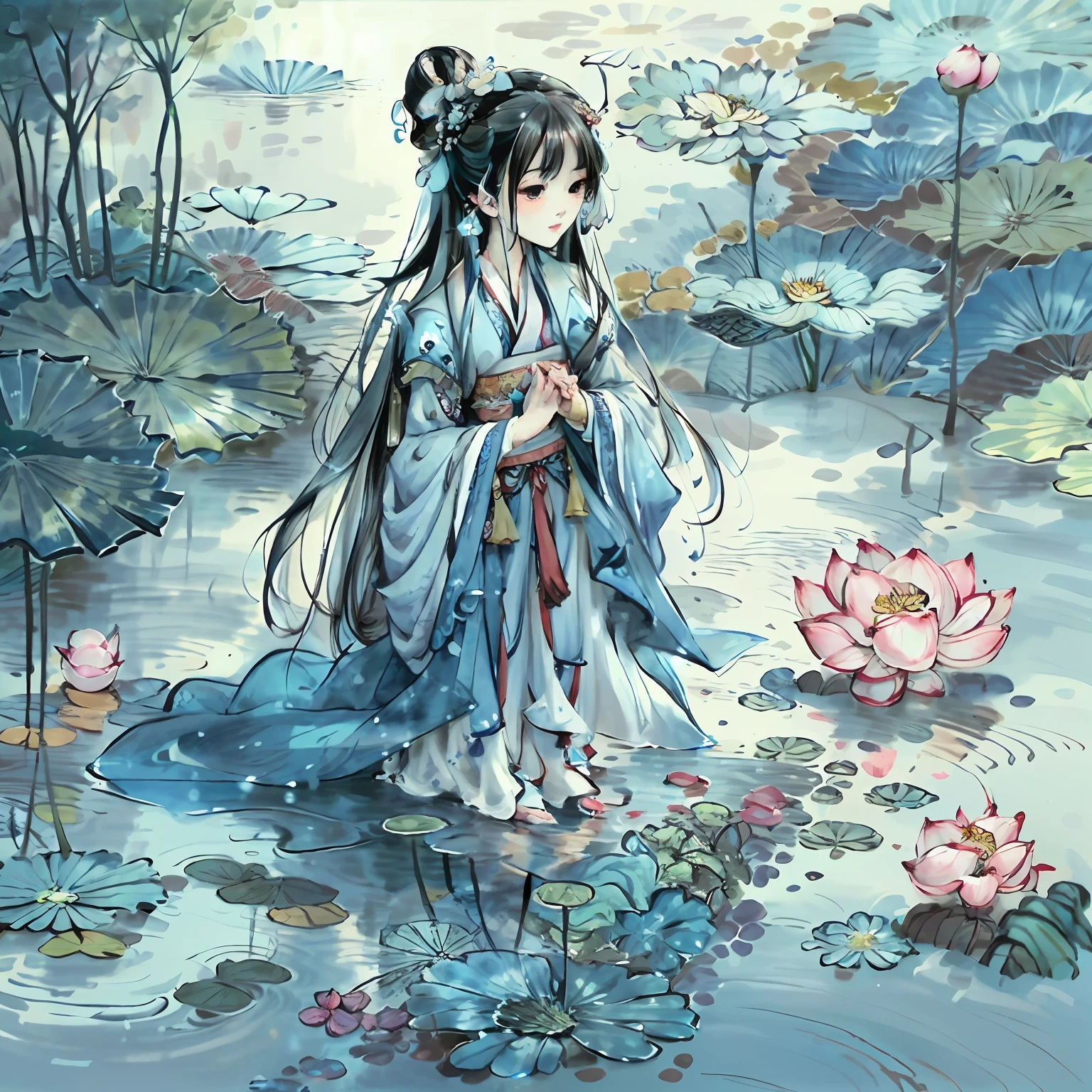 Painting a woman in a blue dress standing in a pool, A beautiful artwork illustration, Palace ， A girl in Hanfu, Anime girl walking on water, standing gracefully upon a lotus, Asian Woman Water Elemental, Beautiful anime artwork, by Yang J, By Yuumei, Beautiful anime art, Anime fantasy illustration, Alice X. zhang