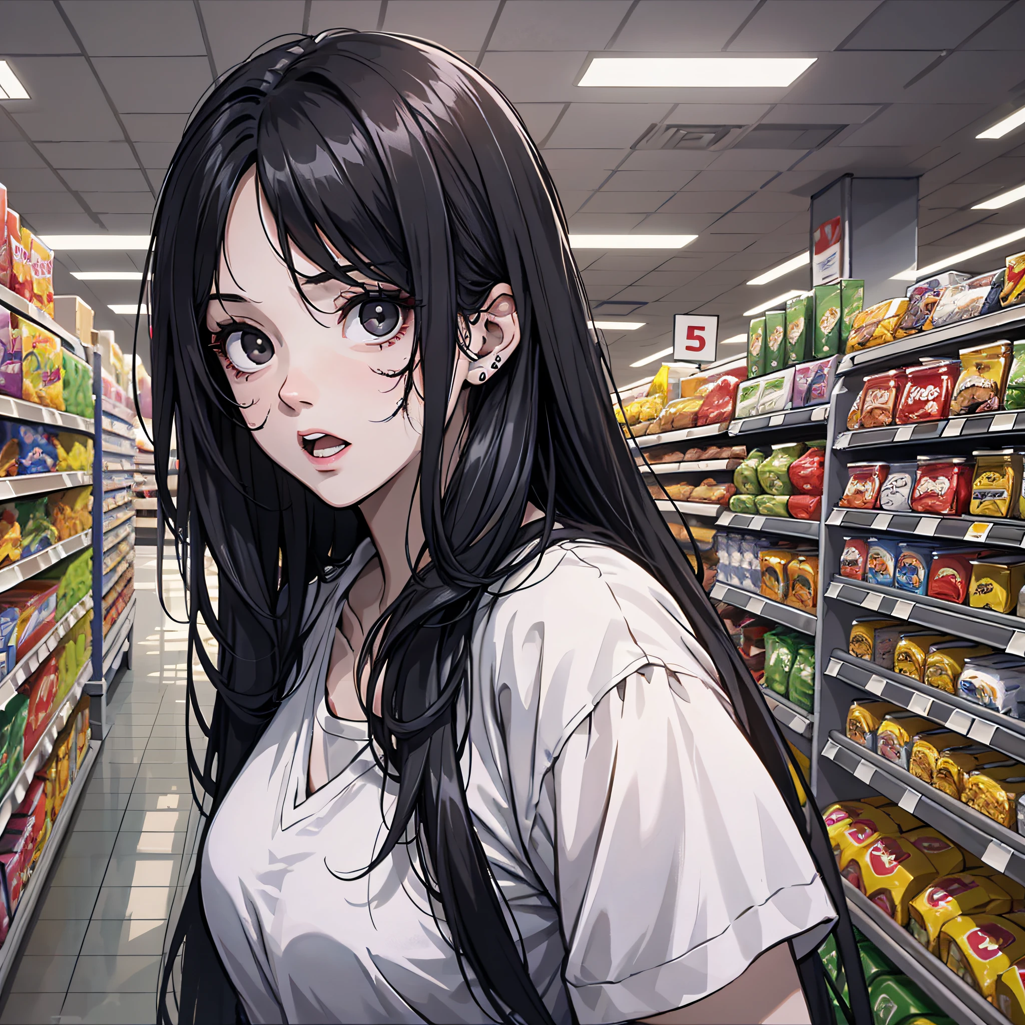 Ridiculous resolution,A high resolution,(tmasterpiece:1.4),Hyper-detailing,cabelos preto e longos, 1 middle-aged woman, Black eyes, White shirt,A look of surprise,supermarket,Zombie apocalypse,Zombie outbreak