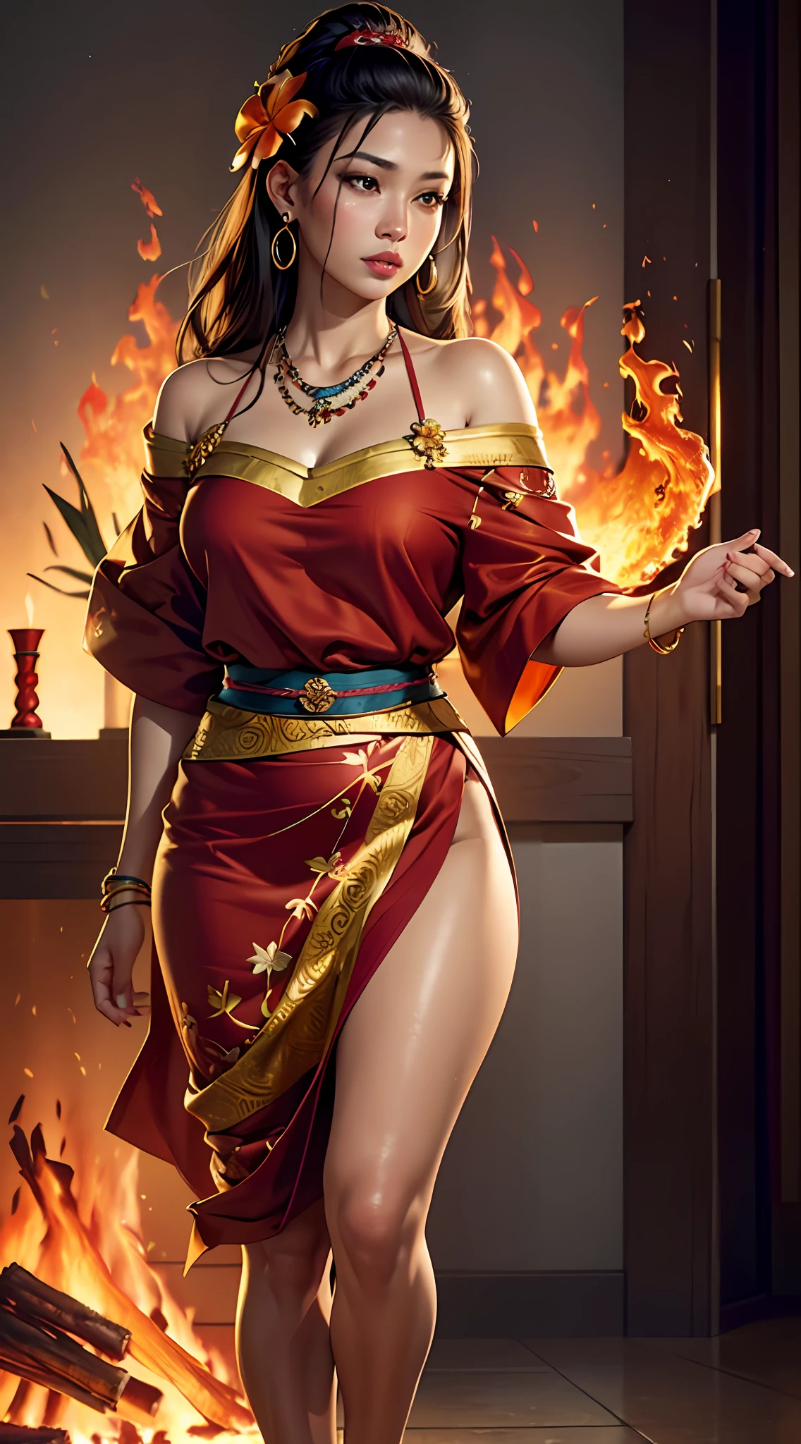 Best quality,masterpiece,ultra high res,(photorealistic:1.4)1girl,beautiful_face,detailed skin,full body,hawaiian woman,yuhuoshu,jewelry,solo,earrings,(fire:1.3),blurry,realistic,lips,flowered clothes