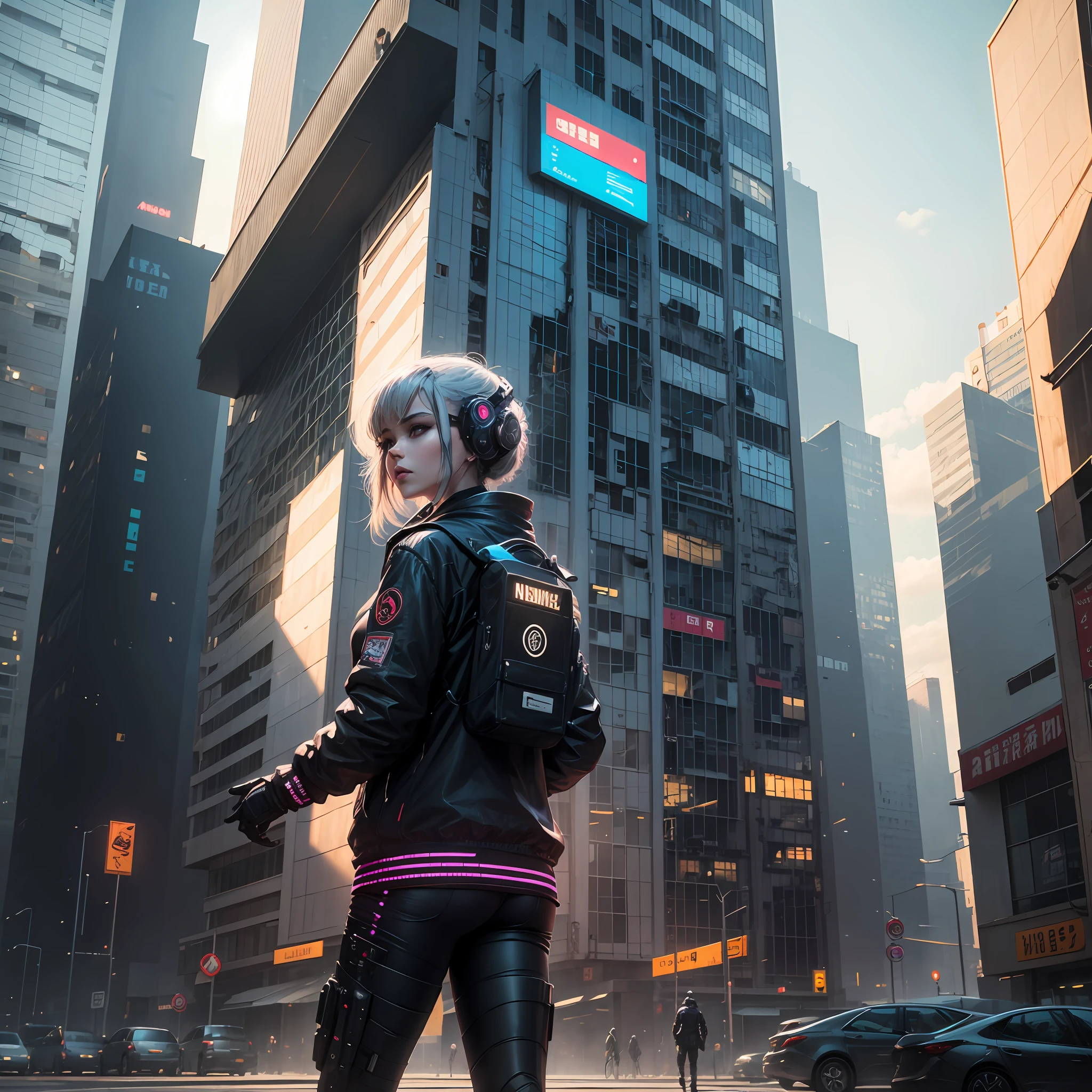 Connected buildings in cyberpunk style,The pedestrian on the road is a combination of man and machine,There was a beautiful female robot looking back, --auto --s2
