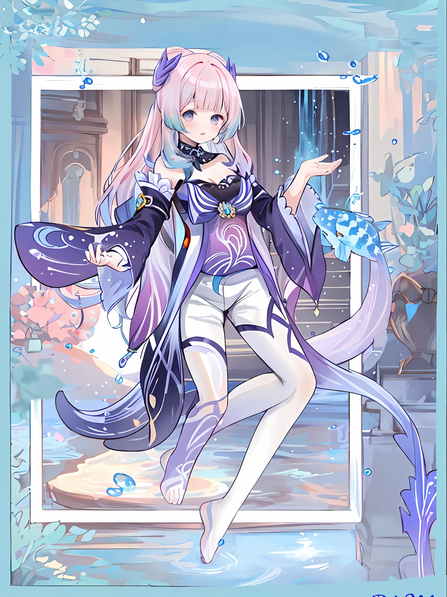 1girll, bow-shaped hair, femoral, Solo, Pink hair, Fish, Long hair, bow, Bare shoulders, Purple eyes, bangs, Wide sleeves, Smile, white thighhighs, multicolored hair, Breasts, water, Blunt bangs, hair adornments, Detached collar, view the viewer, frilled sleeves, frilld, visions (Genshin Impact), Shorts, neck bowtie, dress, Very long hair, mitts, Detached sleeves, cleavage, Blue bow, Gradient hair, Bubble, Long sleeves, Underwater, Blush, drippy，[（white backgrounid：1.5）：：5]， （Bottle bottom：0.9）， 1 rapariga， Medium Shot Shot， full bodyesbian， foot out of frame， tmasterpiece， Hyper-detailing， intricately details， Beautiful details， rich colourful， （shiny skins：1.3）， （messy  hair：1.2）， detailedbackground， the complex background， A high resolution， best qualtiy， cum on bodyl， 1girll， 独奏， long whitr hair， nedium breasts， looking at viewert， Large breasts， The upper part of the body， exteriors， huge tit， cover， cparted lips，putting makeup on， （pastie：1.2）， natta，（（（detail finger））），