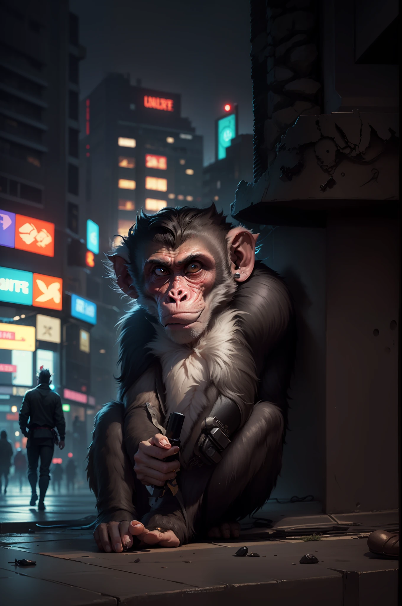 Change background cyberpunk handsome monkey, samurai, 8k, ultra realistic,