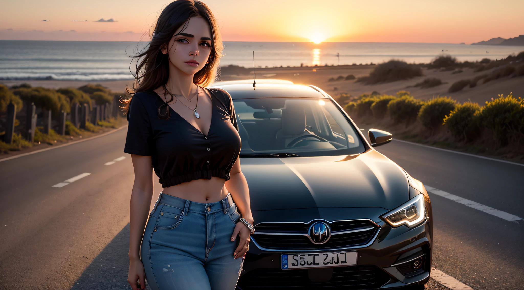 mulher olhando para frente com o por do sol --auto