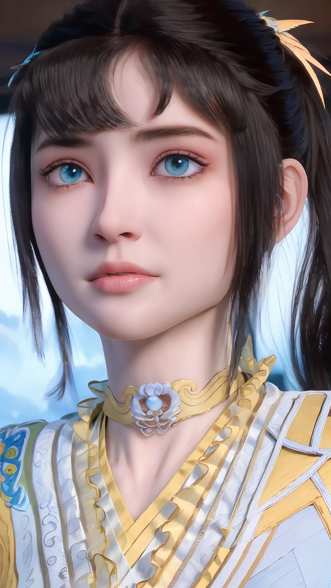 ((Best quality)), ((masterpiece)), official art, ultra detail, highres, ((beautiful detailed girl)), ((extremely detailed eyes and face)), (beautiful face: 1.2), 1girl, perfect body, thighhighs, 8K wallpaper, soft lightning, black hair, ultra detailed eye, blue eye, sikong qianlou, detailed face, big boobs, big breasts, ((very big breasts)), (big breasts), smiling at the viewer, smile, dept of field,