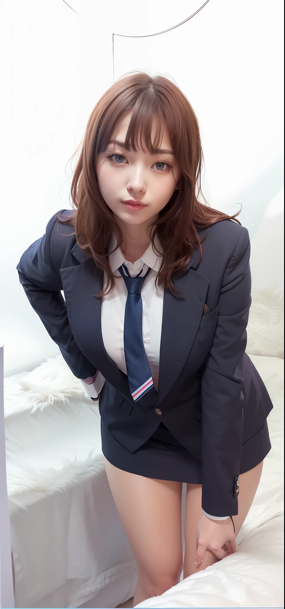 girl, Mina, verry beautiful, beautiful eyes, beautiful hair, red hair, navy blue blazer, white shirt, navy tie, mini skirt, and sexy, realistic, ultra detail, 70mm lens,