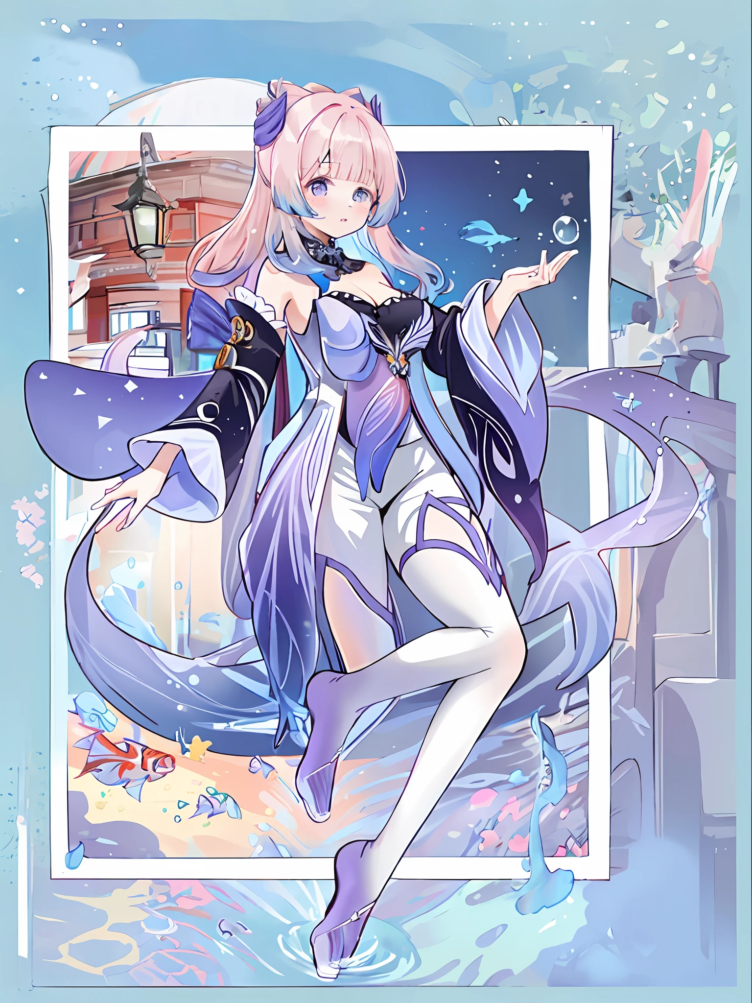 1girll, bow-shaped hair, femoral, Solo, Pink hair, Fish, Long hair, bow, Bare shoulders, Purple eyes, bangs, Wide sleeves, Smile, white thighhighs, multicolored hair, Breasts, water, Blunt bangs, hair adornments, Detached collar, view the viewer, frilled sleeves, frilld, visions (Genshin Impact), Shorts, neck bowtie, dress, Very long hair, mitts, Detached sleeves, cleavage, Blue bow, Gradient hair, Bubble, Long sleeves, Underwater, Blush, drippy，[（white backgrounid：1.5）：：5]， （Bottle bottom：0.9）， 1 rapariga， Medium Shot Shot， full bodyesbian， foot out of frame， tmasterpiece， Hyper-detailing， intricately details， Beautiful details， rich colourful， （shiny skins：1.3）， （messy  hair：1.2）， detailedbackground， the complex background， A high resolution， best qualtiy， cum on bodyl， 1girll， 独奏， long whitr hair， nedium breasts， looking at viewert， Large breasts， The upper part of the body， exteriors， huge tit， cover， cparted lips，putting makeup on， （pastie：1.2）， natta，（（（detail finger））），