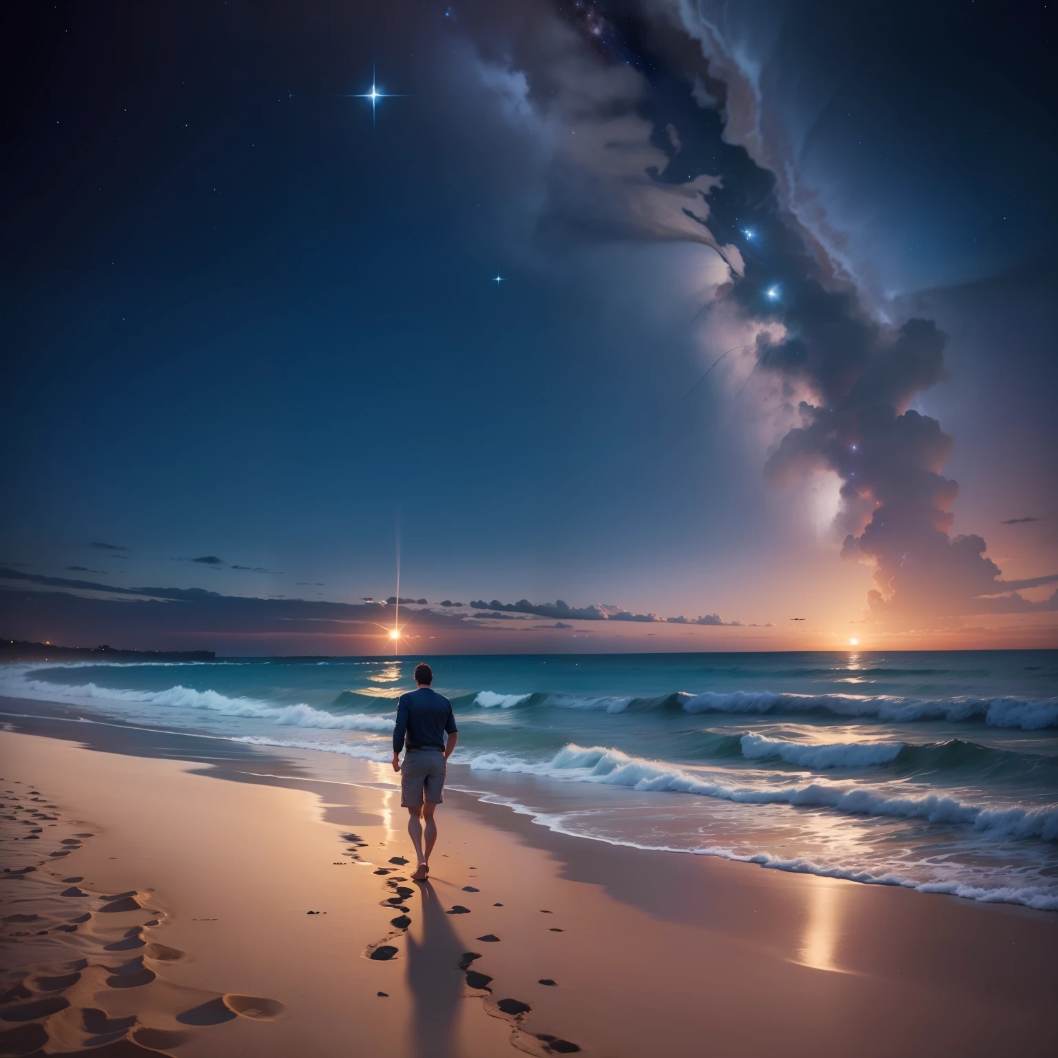 homem caminhando na praia, luar na praia, night  sky, noite linda, mar, imagem realista, 4 k