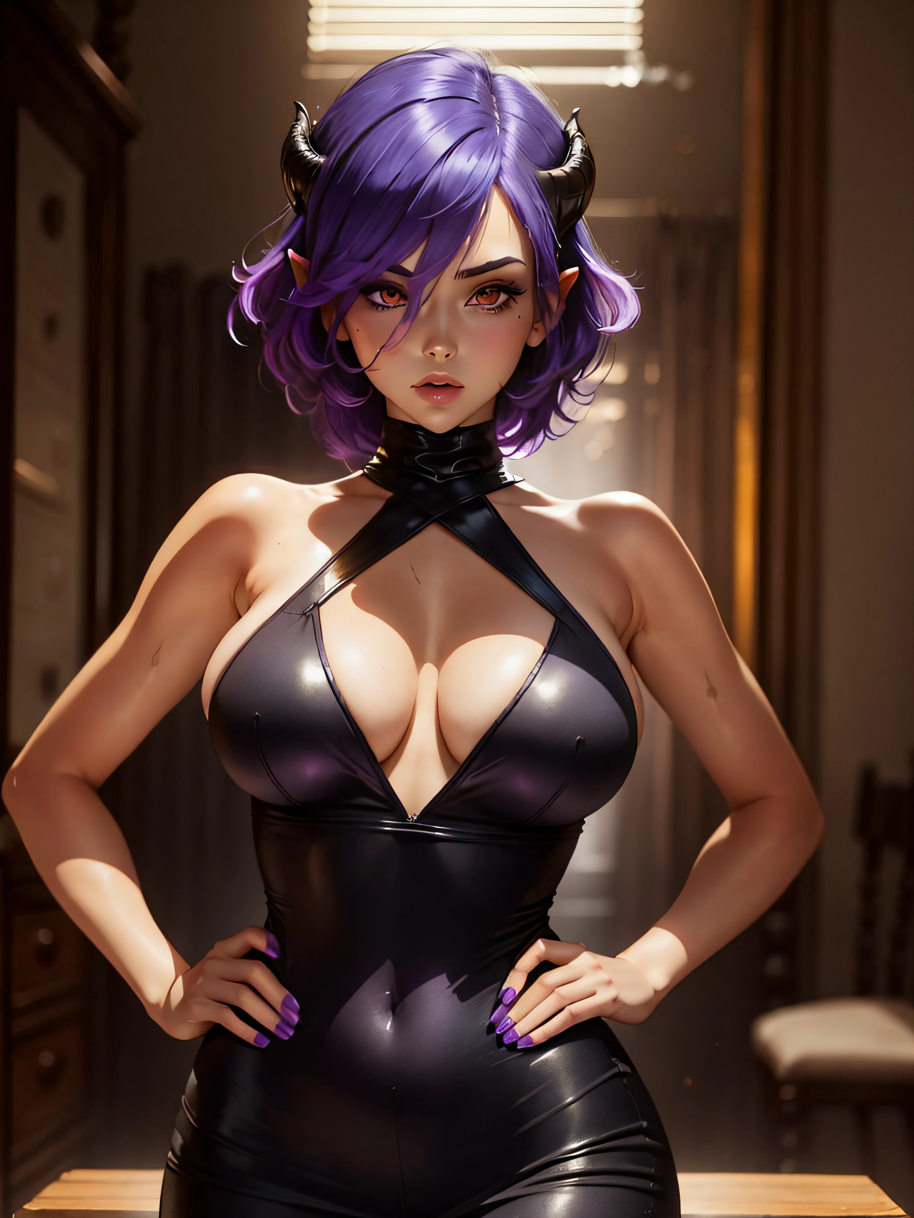 Vermeil, 1girl, sexy, low-cut, purple hair, detailed face, sexy,, aheago, looking at viewer, (hands on hip), close up,