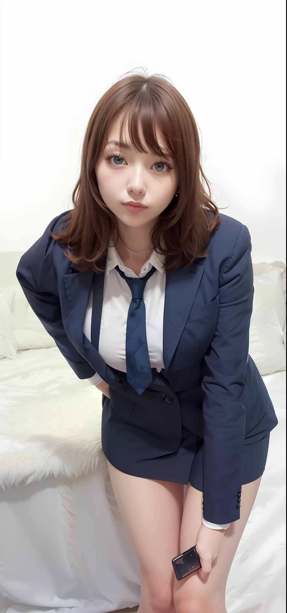 girl, Mina, verry beautiful, beautiful eyes, beautiful hair, red hair, navy blue blazer, white shirt, navy tie, mini skirt, and sexy, realistic, ultra detail, 70mm lens,