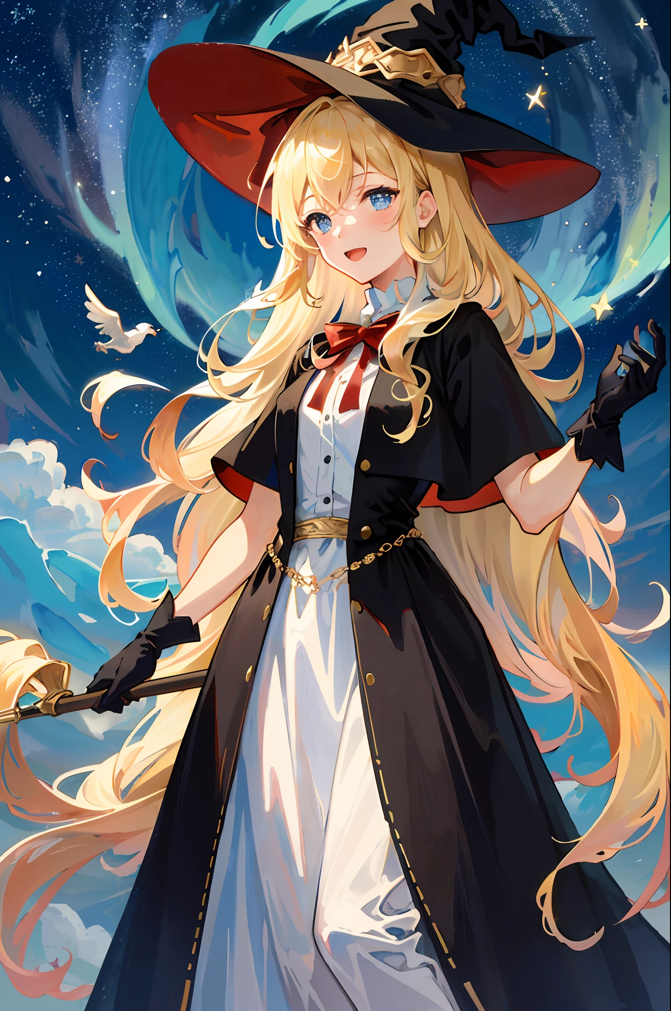 ((Masterpiece: 1.2, Best Quality)), 1girl, Solo, (Witch Hat), Blonde, Long Hair, Dress, Aurora, Night, Stars (Sky), Gloves, Sky, White Dress, Night Sky, Open Mouth, Starry Sky, Blue Eyes, Ribbon, Very Long Hair, Red Dress, Smile, Hair Ribbon, Cloak, Blue Hair, (Bird), Magic, Casting Spells, Dark Clouds, Night, (Impressionism: 1.4), (Tarot: 1.3) , Alphonse Mucha,