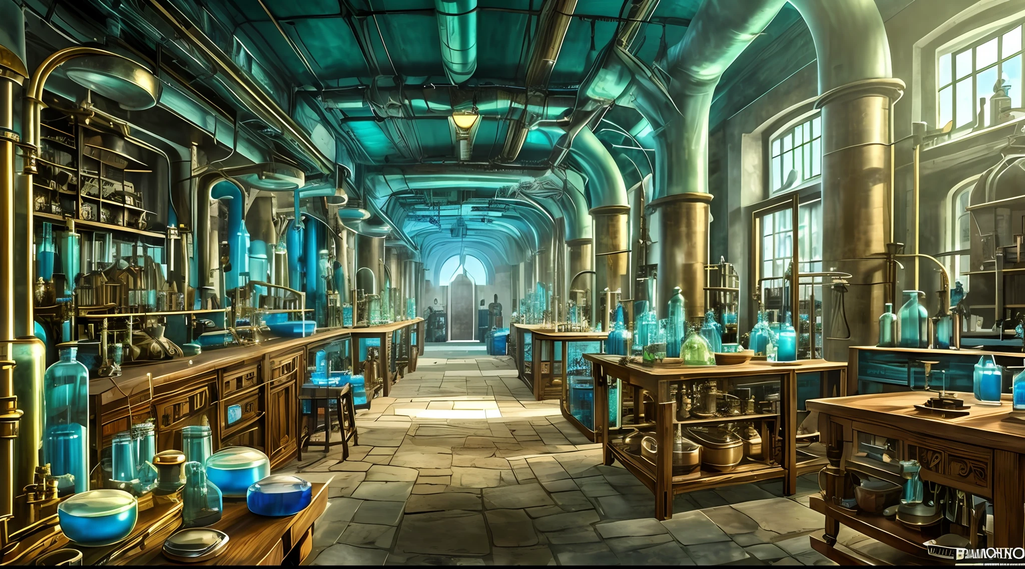 laboratory, vidraria, steampunk, rebites, cobre, muito brilho, blue and green liquids, vapor , sem pessoas, only the lab --auto