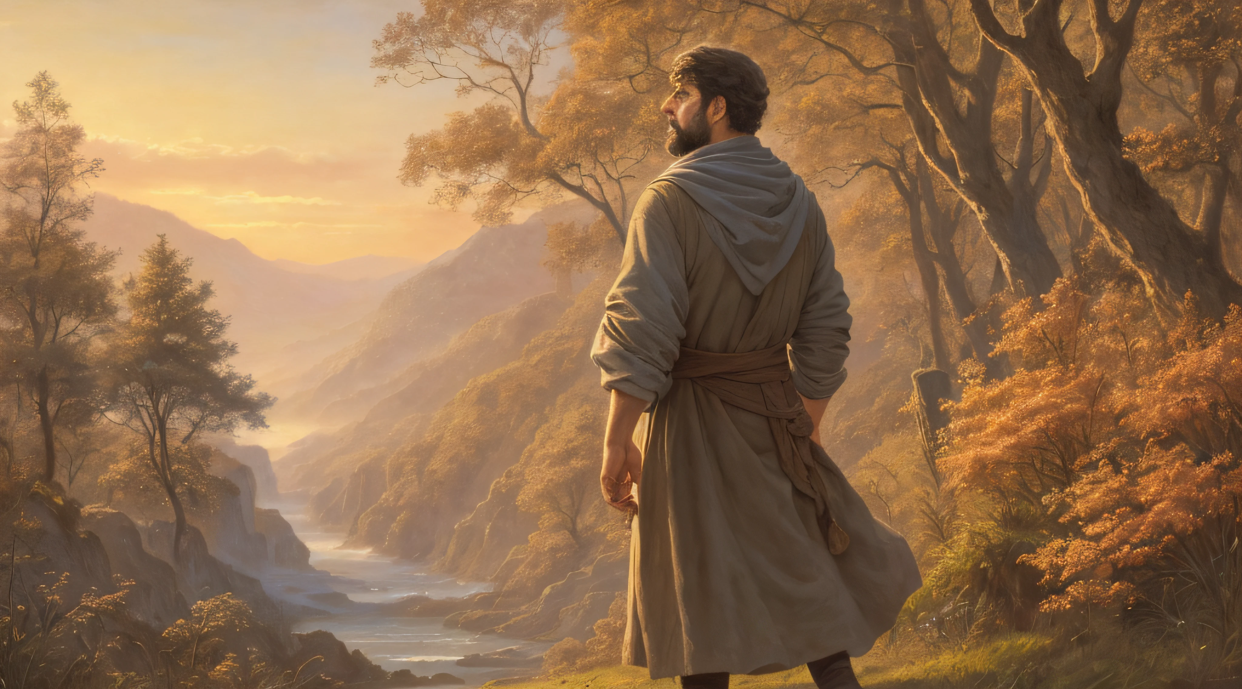 close up of 1 man, middle aged, of iranian descent, wizard walking in the forest, at sunrise, beautiful face, beautiful sky, (oil painting), classical art:0.4, detailed, intricate, (fantasy art), muted color:0.25, best quality, good anatomy, good composition, good proportions, good design, dynamic pose, good pose, realistic sky, realistic backgrounds, (cinematic), (highest quality, award winning, masterpiece:1.3), (art by Arthur Rackham:0.5), (((natural colors))), (photorealistic:1.4), ((empty hands, holding nothing)),