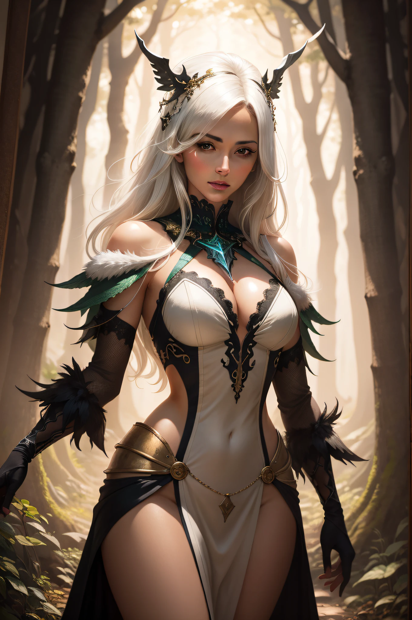 realistic photo, masterpiece, high contrast, good lighting, WHOLE BODY, WOMAN, LIGHT WHITE HAIR, FOREST INSIDE, SORCERESS GREEN FABRIC