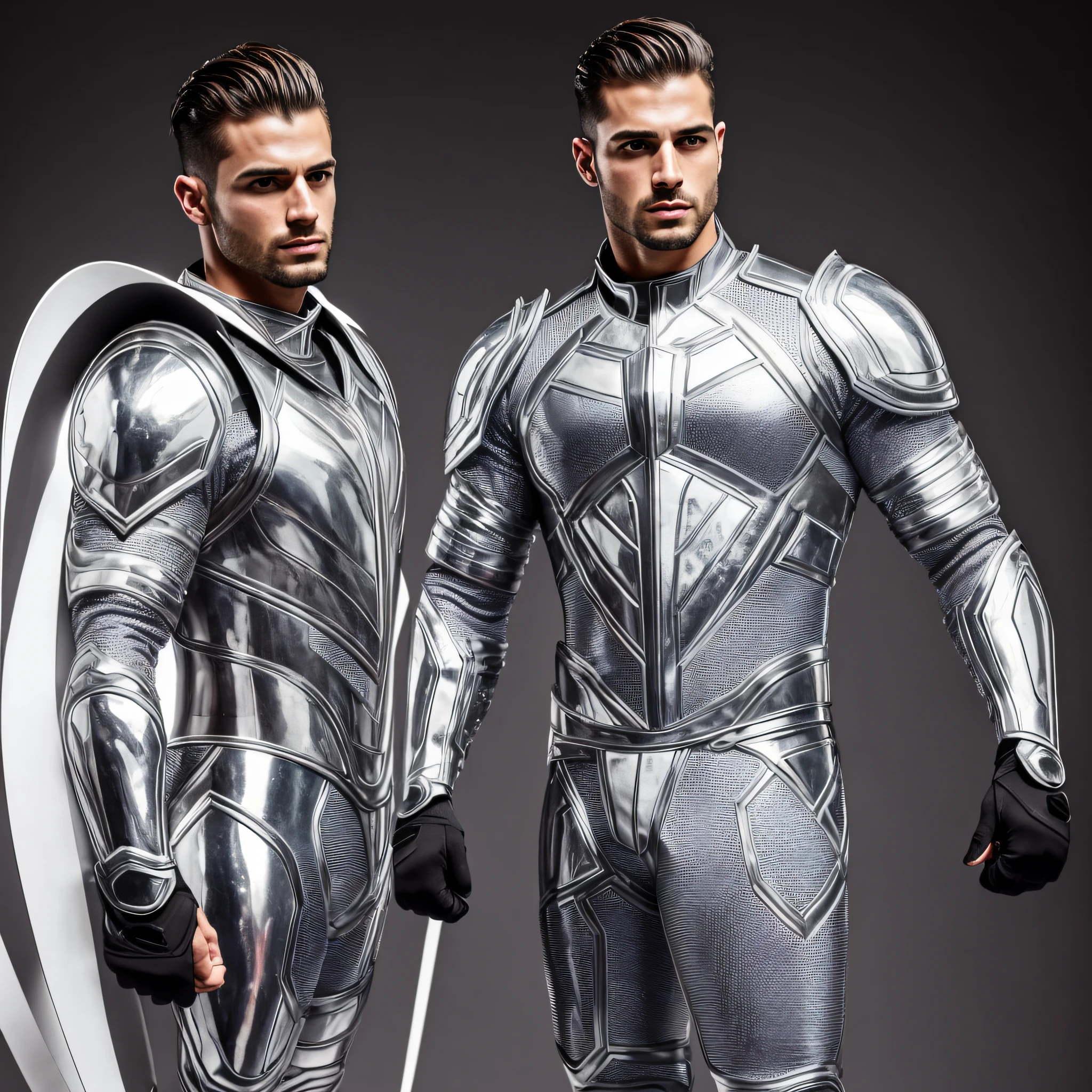 A man is Gigachad gonzalo gubero bobadilla muscular with shakira face handsome roman warrior , in A photograph of flat silver armor made of white titanium and some crystal , RGB LEDs Rainbow suit , Power Suit , gradient , elegant , for men , Modern minimalism , low poly lines , punk core , dreamy , Coloring , dystopia , divine , mysterious , Curved Pose , Posing , Po if fashion.