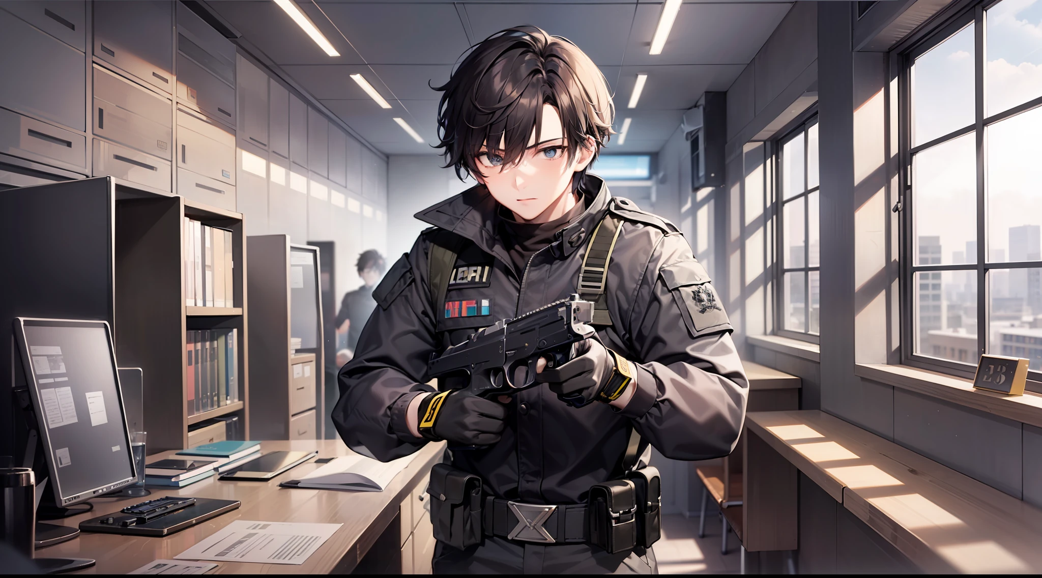 1 boy, attractive boy, handgun, in the dark office building, black clothes, special operations, special force, cinematic action, dynamic entry, looking enemy