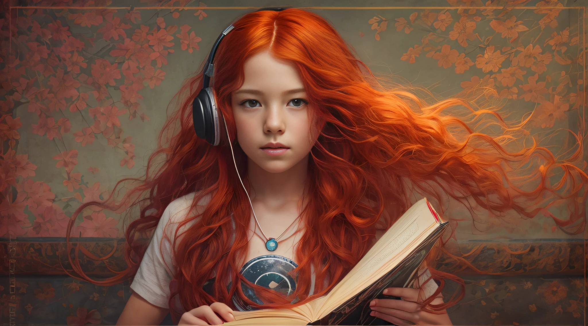 girl CHILD 10 years old, PORTRAIT STYLE, with headphones holding a Pink Floyd album, The Dark Side of the Moon, with red hair and jewelry posing for a photo, very long wavy fiery red hair, orange skin and long burning hair, long curly red hair, bright long red hair, long stream of red hair, fiery red hair, big wavy red hair, red hair and attractive features, red curly hair, flowing orange hair, very long flowing red hair, flowing red hair