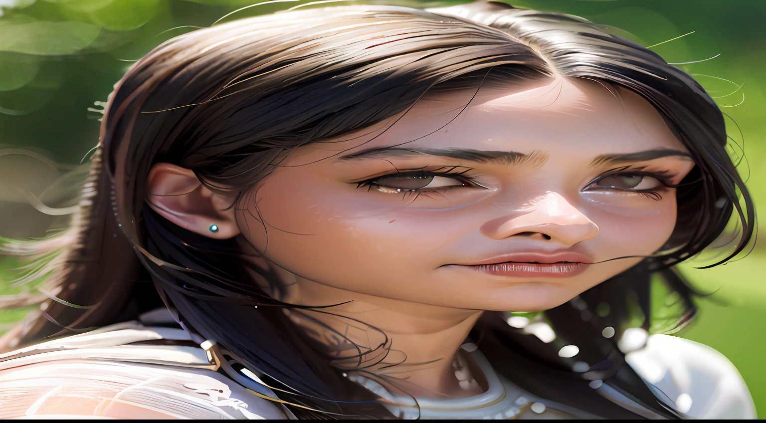 Fotografia editorial capturando um retrato hiper-realista de uma mulher indiana. The photo depicts the Indian woman with tears in her eyes, with exquisite detail and sharp focus, displaying an extremely realistic representation. The composition is centralized, oferecendo uma perspectiva cativante sobre o assunto. Shot with a Canon EOS 5D camera and a 35mm lens, The image benefits from natural lighting that enhances the girl's features. A foto profissional mostra qualidades fotorrealistas, com cada detalhe intrincado meticulosamente capturado. The aspect ratio of the photo is 16:9, ensuring a visually engaging presentation.