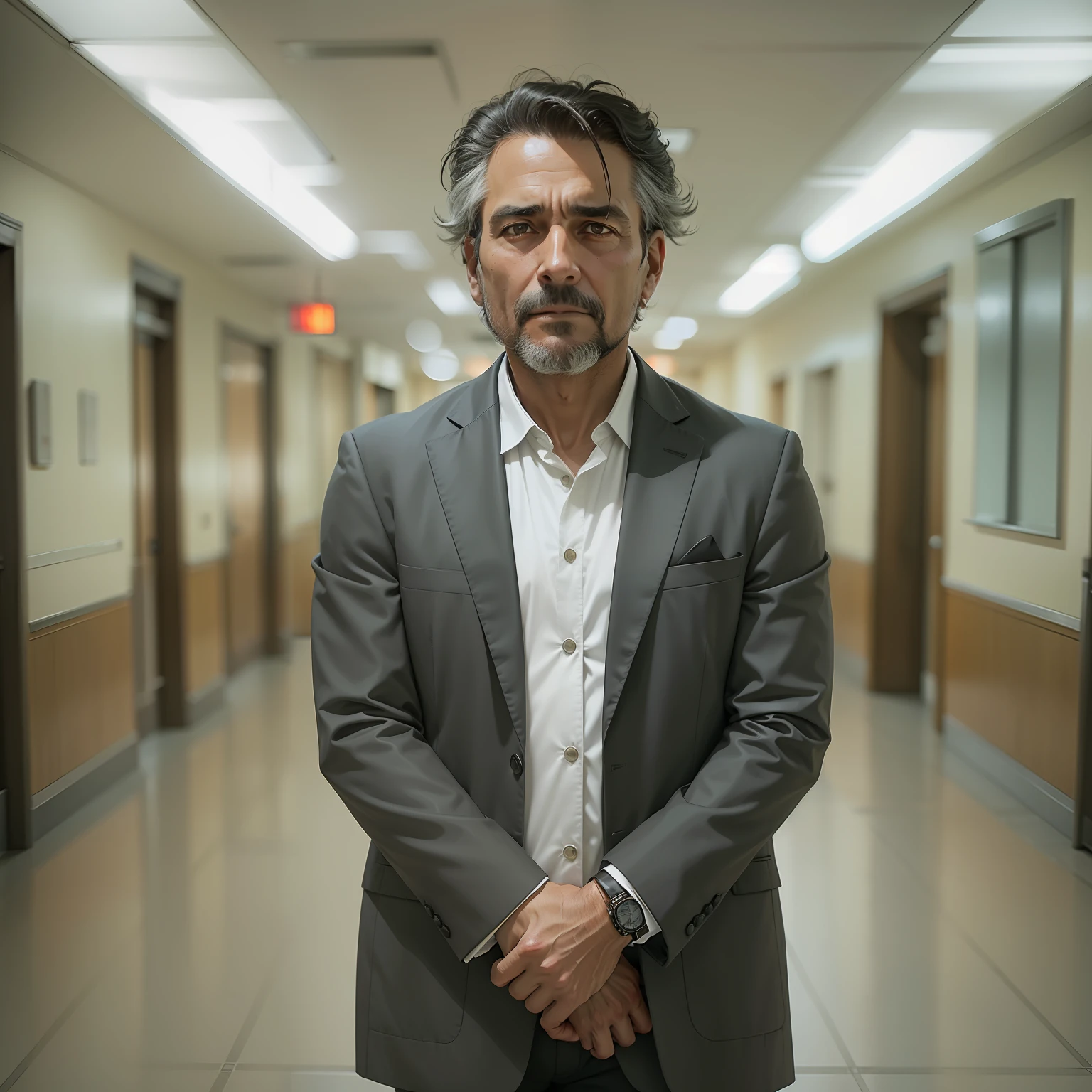 45-year-old male, dressed in a black and white blazer, standing with his arms crossed in a hospital hallway