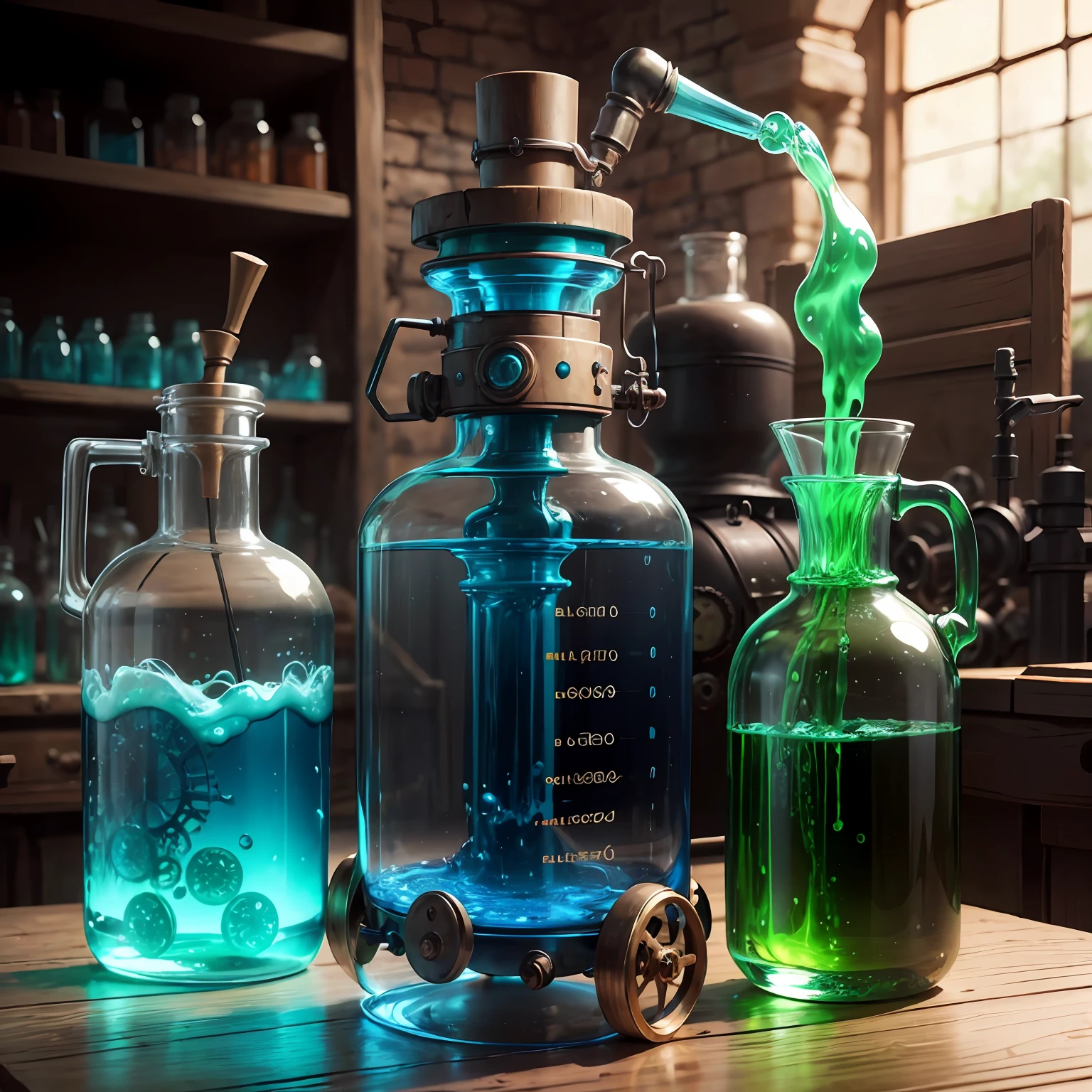 laboratory, vidraria, steampunk, rebites, cobre, muito brilho, blue and green liquids, vapor --auto