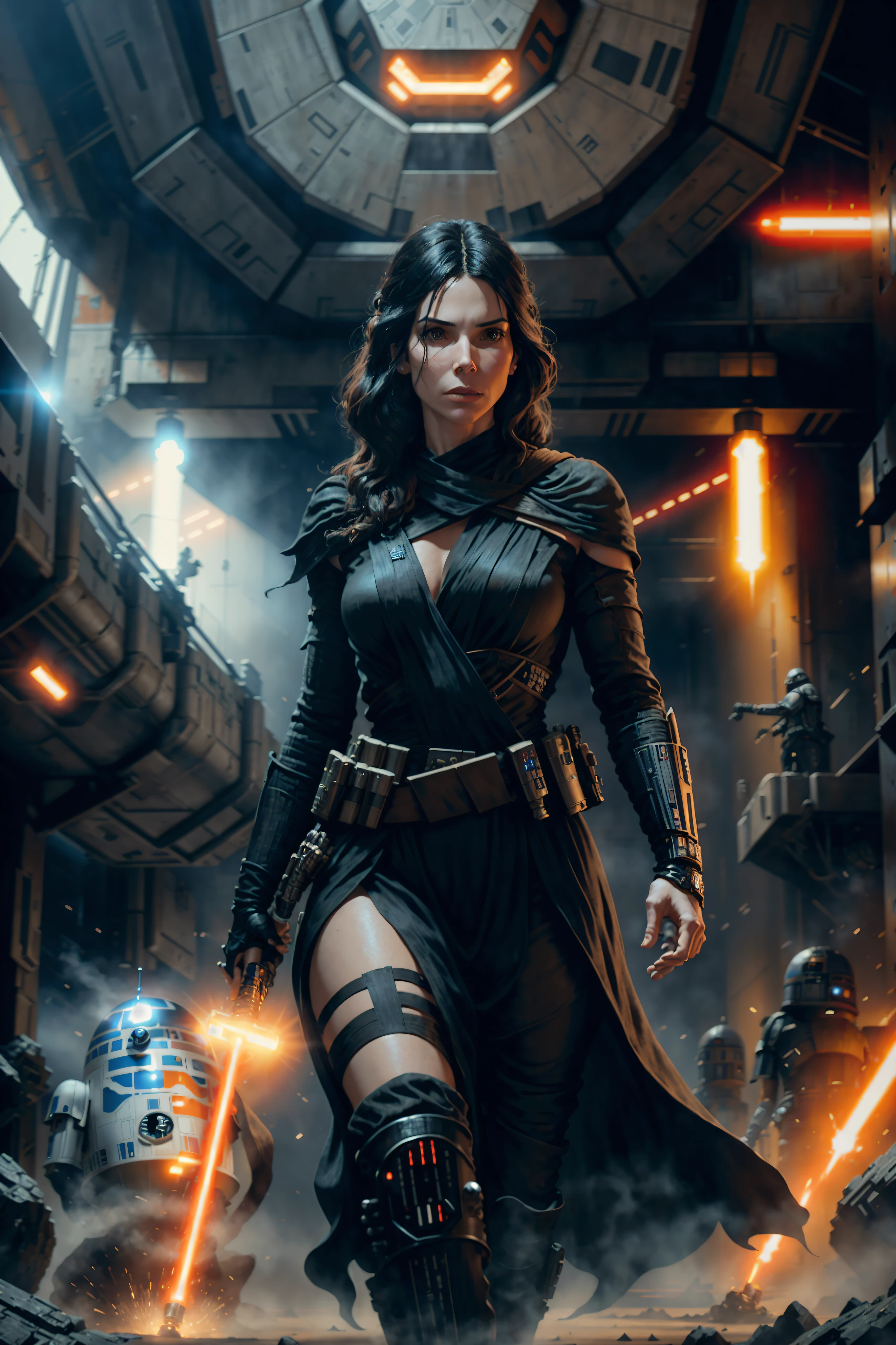 movie poster for Star Wars, half body shot of rebel Princess, played by sandra bullock, in Darth Vader costume with lightsabre , death star hangar, masterpiece, intricate detail, highly detailed, volumetric lighting, 4k render, stock photograph, hyper realistic, lifelike texture, dramatic lighting, unrealengine, trending on artstation
