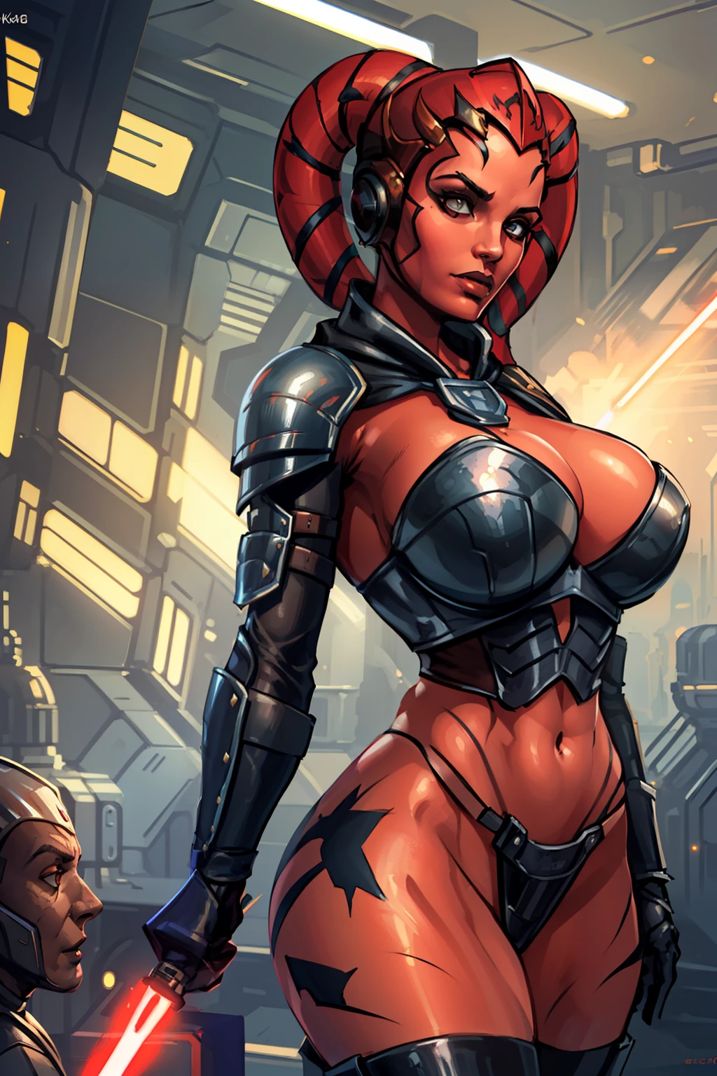 busty, masterpiece, best quality, highly detailed, award winning, high definition, ((red skin), twi'lek), dual red lightsabers, evil space knight, space ninja, (black robes, black stealth armor, breastplate, tunic, tabard, cowl, cloak, body glove, straps, buckles, skirts, long sleeves, fantasy, ((armor))), ((busty), slender body, thin, slim sexy body, slim waist, (((gigantic breasts)))), Imperial starship, Star Wars,