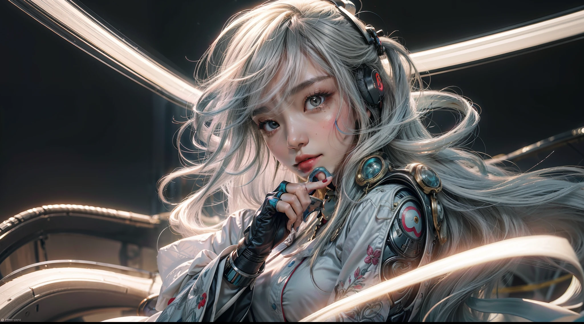 ,Wide shot, From above, up-close, Ultra-wide angle, Wide-angle, Sony FE GM,one-girl,Crazy pose,Crazy tension,Cinematic light,Gorgeous background,Colorful background,grin,((cyber punk style,machine arm,Hologram aura,Surreal Science Fiction Art,Future Science Fiction Aesthetics)),(1 girl solo), (full body shot shot), (Determined eyes),(Ancient Chinese clothes,White cheongsam,Embroidered collar Uesugi,White large-sleeved shirt,Streamers),(Hairpins,cabelos preto e longos, arma),(Hanfu),(Clear facial features,detailed skin textures,beauitful face), 耳Nipple Ring,Yellow skin,(tmasterpiece,top Quority,best qualtiy),(((flatcolors))),