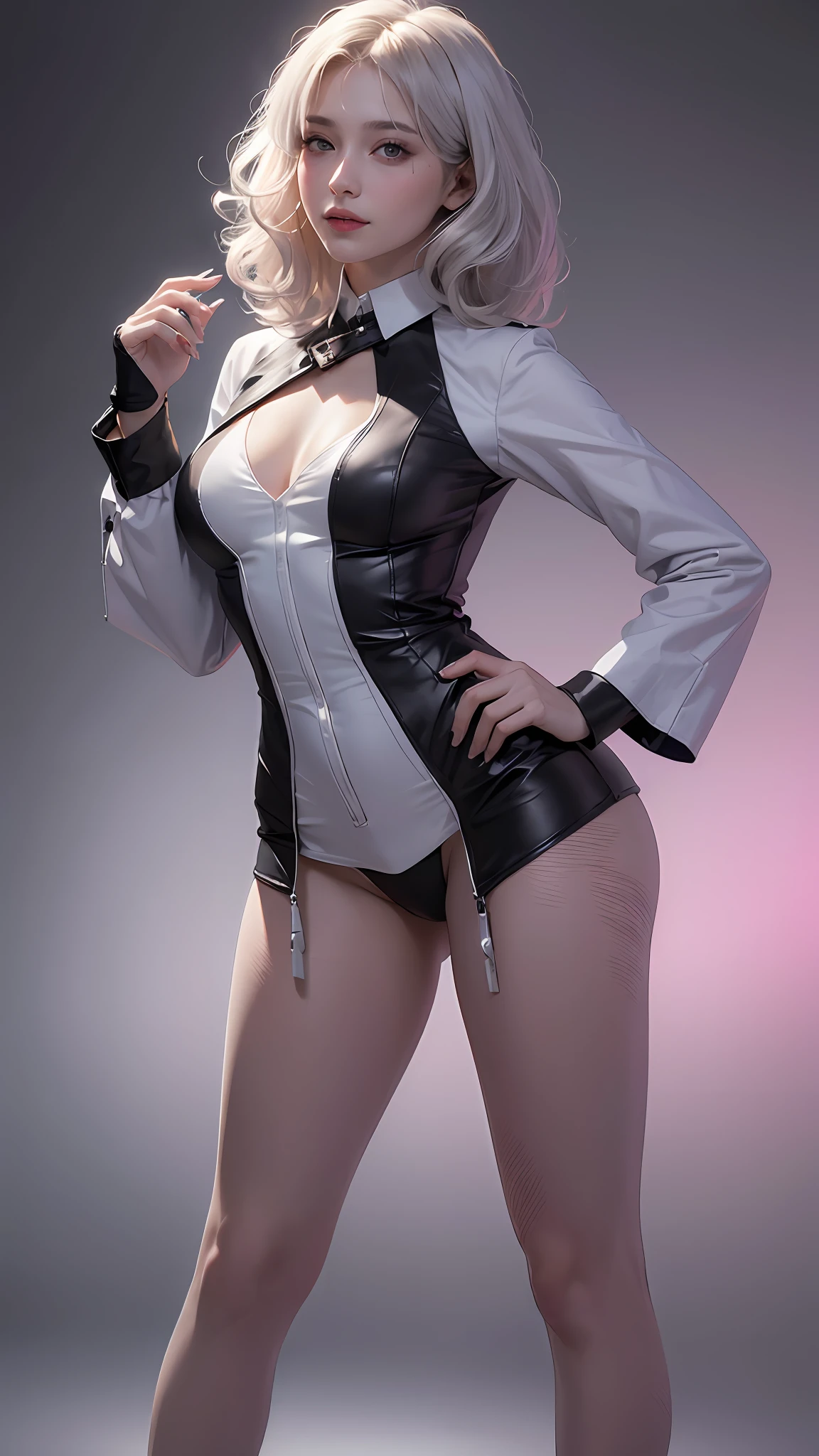 1girl, beautiful retro colors, instagram (realistic, high resolution: 1.4), (puffy eyes)), looking at the viewer, full body (8k, RAW photo, best quality, masterpiece: 1.2), (realistic, photorealistic photo: 1.37), (sharp focus: 1.2), professional lighting, photon mapping, radiosity, physically based rendering, (pale skin: 1.2), (small breast: 1.2), looking at the viewer, (medium hair: 1.5), portrait, purple pupils , (silver: 1.1), bangs, (simple background: 1.4), solo, upper body, realism, (masterpiece: 1.4), (best quality: 1.4), (fair skin), mage sister, makeup, smile (thin, shut up, shy: 1.3), (standing, black flight attendant uniform, necromancer: 1.1), medium bust, sexy pose,