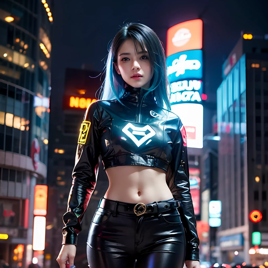 1 girl,Picture a young girl in a cyberpunk atmosphere,She has hair of a striking color, for example neon blue or dark red,In her eyes, add a cybernetic touch or futuristic contact lenses that reflect the essence of high-tech,The clothes worn should be a combination of futuristic and cool urban style,In the background, show a city full of neon and holographic decorations, creating an atmosphere that is unique to the cyberpunk world,Be sure to display high-tech elements such as flying drones, flying cars, or majestic skyscrapers,Let this girl hold onto futuristic weapons,showing that she is a a character who is tough and has extraordinary skills in technology and combat. In addition, add some cyberpunk accessories such as holographic tattoos or futuristic jewelry to complete his appearance,
