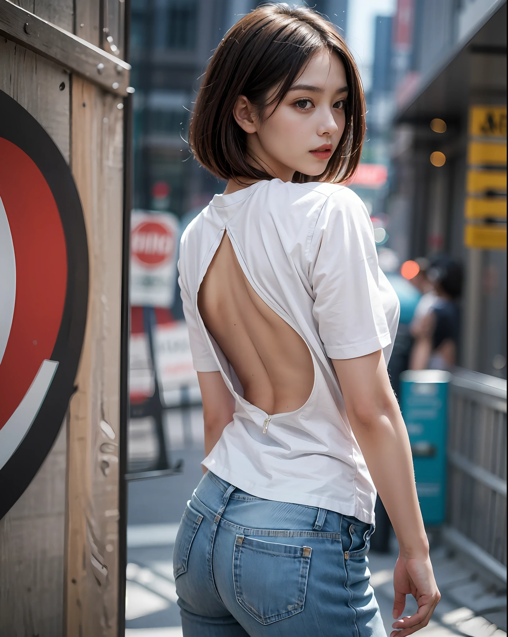 Set the resolution to UHD with Ultra Realistic 16K image quality. Apply RAW Photography techniques with a realism. Ultra-fine details that cannot be seen on the retina. vector images., break, solo:1.4, Correct to detailed connection angles for perfect anatomy ((four fingers and thumb)):1.1. Emphasize the ((jelly-like fresh)) and natural gleaming faint lips (1.4).,break, solo:2, Ensure perfect connecting clothes, detailed clothes, an elegant and clean look, and a perfect body style ., break, , Highlight the model's stunning large (brown aqua eyes) (1.3), optionally include beautiful, detailed, jelly-like, very heavy, soft C-cup sized breasts with subtle drooping, and a detailed medium-sized rear (1.2)., plus size:0.4, break, Emphasize the beautiful medium bob hairstyle (1.4) and achieve highly beautiful, pearl-like, natural, radiant shiny skin (2).,(refrain from exposing your skin)1.4. (Centered image)1.3, break,solo:1.4, In this photobook page, the 21-year-old Gravure idol shines with effortless charm in her open back white T-shirt paired with stylish denim pants and a jacket. The T-shirt's open-back design adds a touch of allure without revealing too much skin. Her pose exudes confidence and elegance, showcasing the perfect balance between tension and relaxation. Her transparent beauty and neat face perfectly complement the casual yet sexy style. , break, The location for this shoot is a trendy urban street with vibrant graffiti-covered walls, adding an edgy and youthful vibe to the composition. The environment emphasizes the casual and chic theme, enhancing the main character's attractiveness. Natural sunlight gently illuminates her, creating a warm and inviting atmosphere. The composition captures the idol's magnetic presence and her ability to make any style look effortlessly appealing.