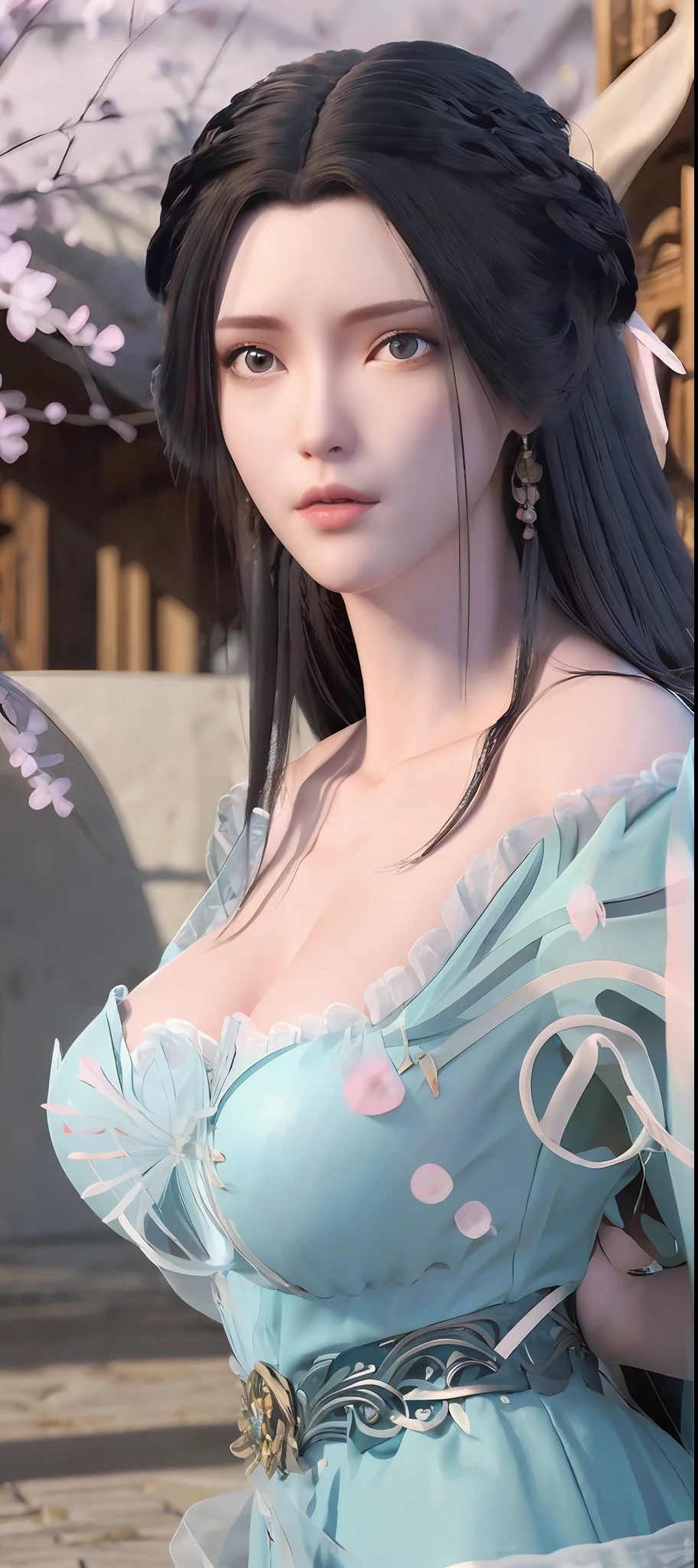 ((Best quality)), ((masterpiece)), official art, ultra detail, highres, ((beautiful detailed girl)), ((extremely detailed eyes and face)), (beautiful face: 1.2), 1girl, perfect body, thighhighs, 8K wallpaper, soft lightning, black hair, ultra detailed eye, blue eye, detailed face, big boobs, big breasts, ((very big breasts)), (big breasts), dept of field,