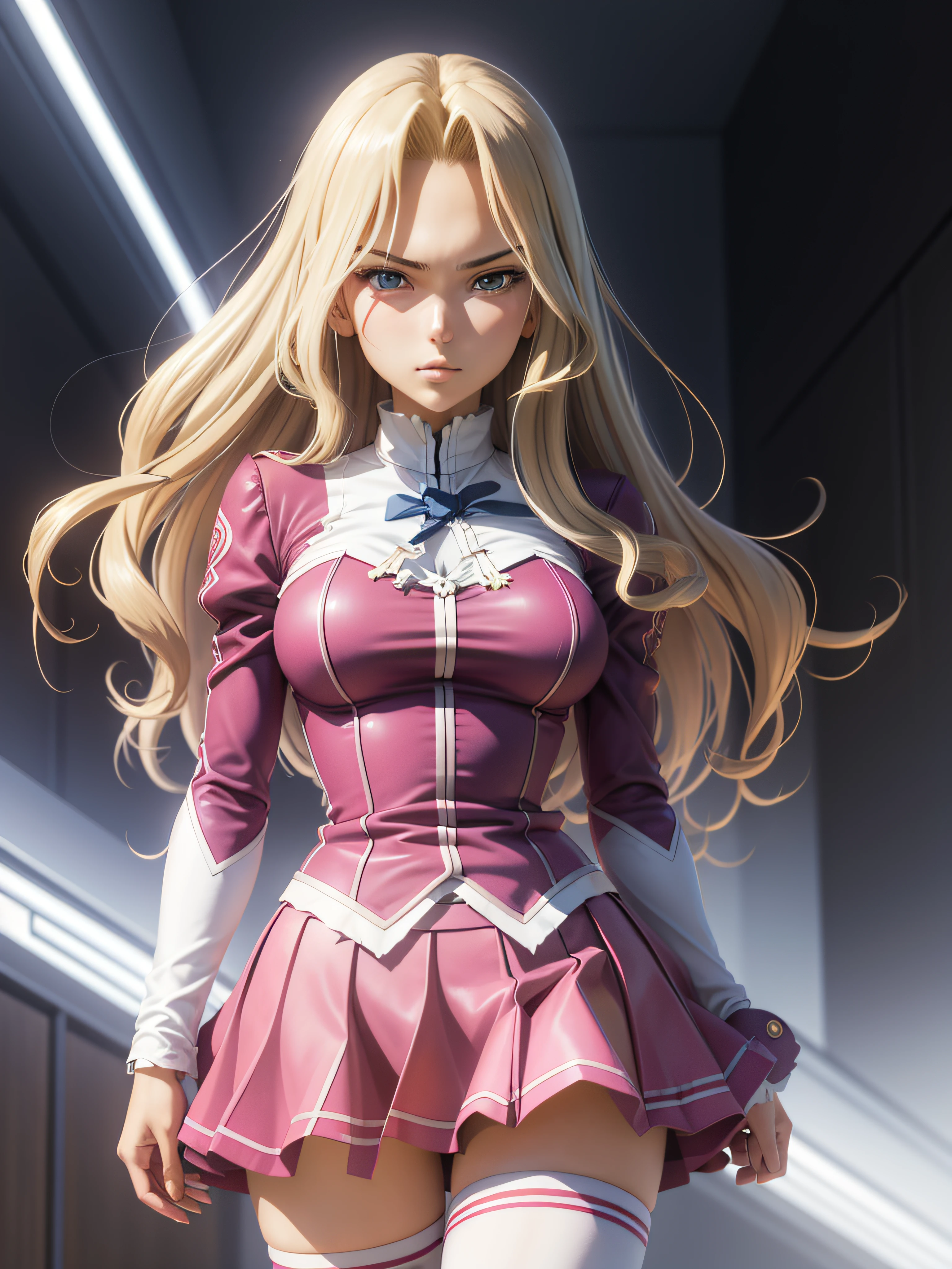 masterpiece, best quality, 1girl, elizabethmably, blonde hair, long hair, blue eyes, cowboy shot, pink skirt, miniskirt, torn clothes, zettai ryouiki, torn white thighhighs, simple background