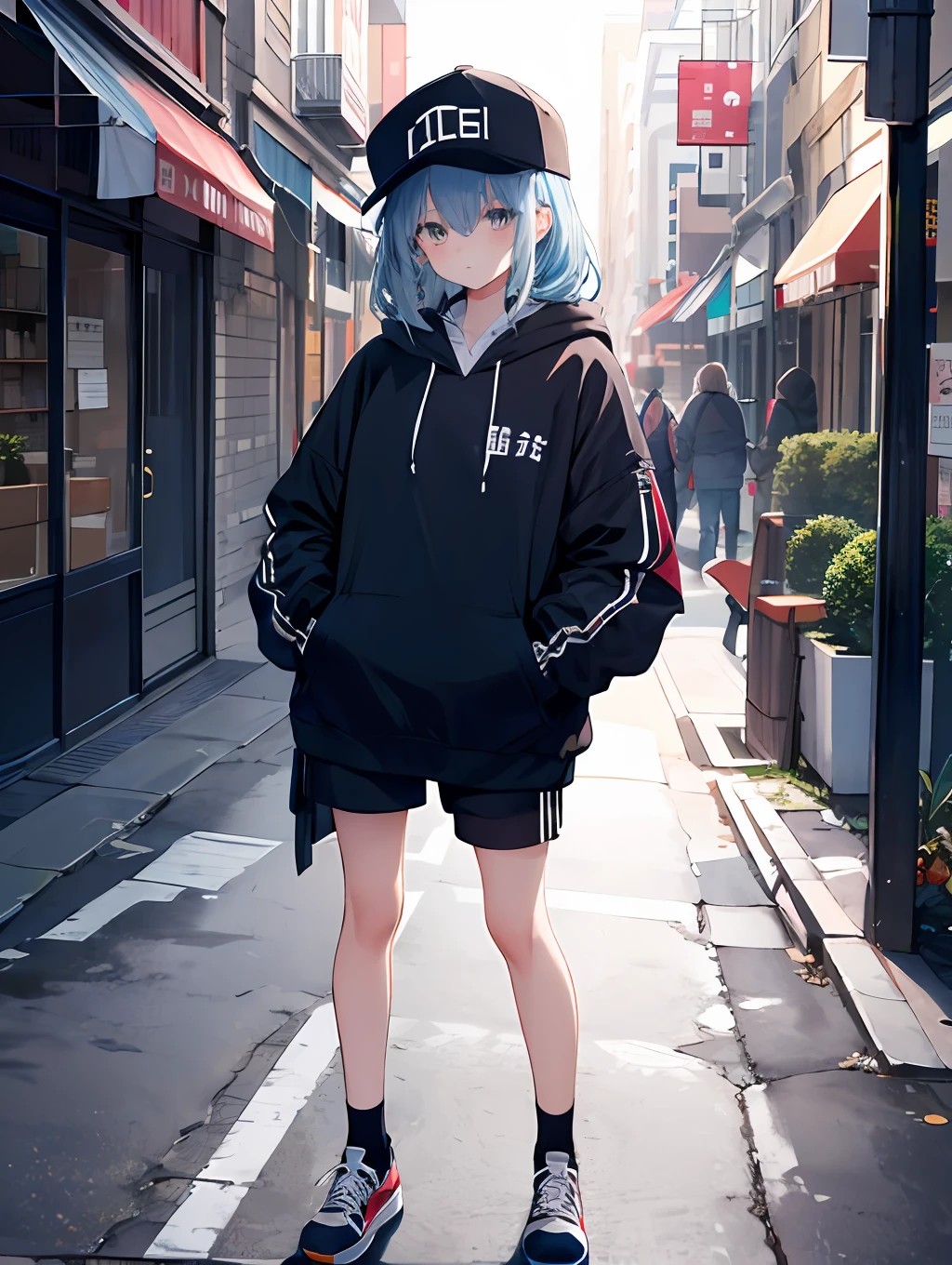 tmasterpiece,1girll,独奏,long whitr hair,blue hairs,hoody,cropped shoulders:1.2,Mob caps,the street,hand on pockets,skateboards,