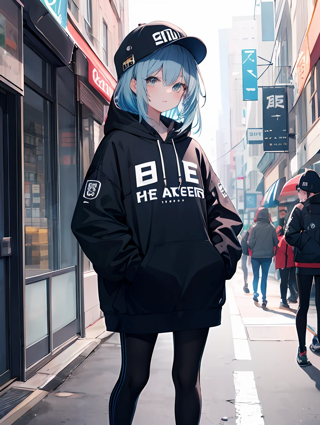 tmasterpiece,1girll,独奏,long whitr hair,blue hairs,hoody,cropped shoulders:1.2,Mob caps,the street,hand on pockets,skateboards,