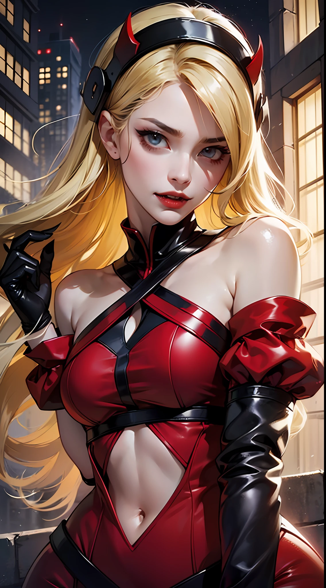 The Seductive Red Rogue" a sensual vampire in short red clothes, staring at the viewer, flowing blonde hair, menacing gaze and gleaming vampire fangs, staining her pale face, large, sharp nails ready to pounce, in a dark vision of a city at night