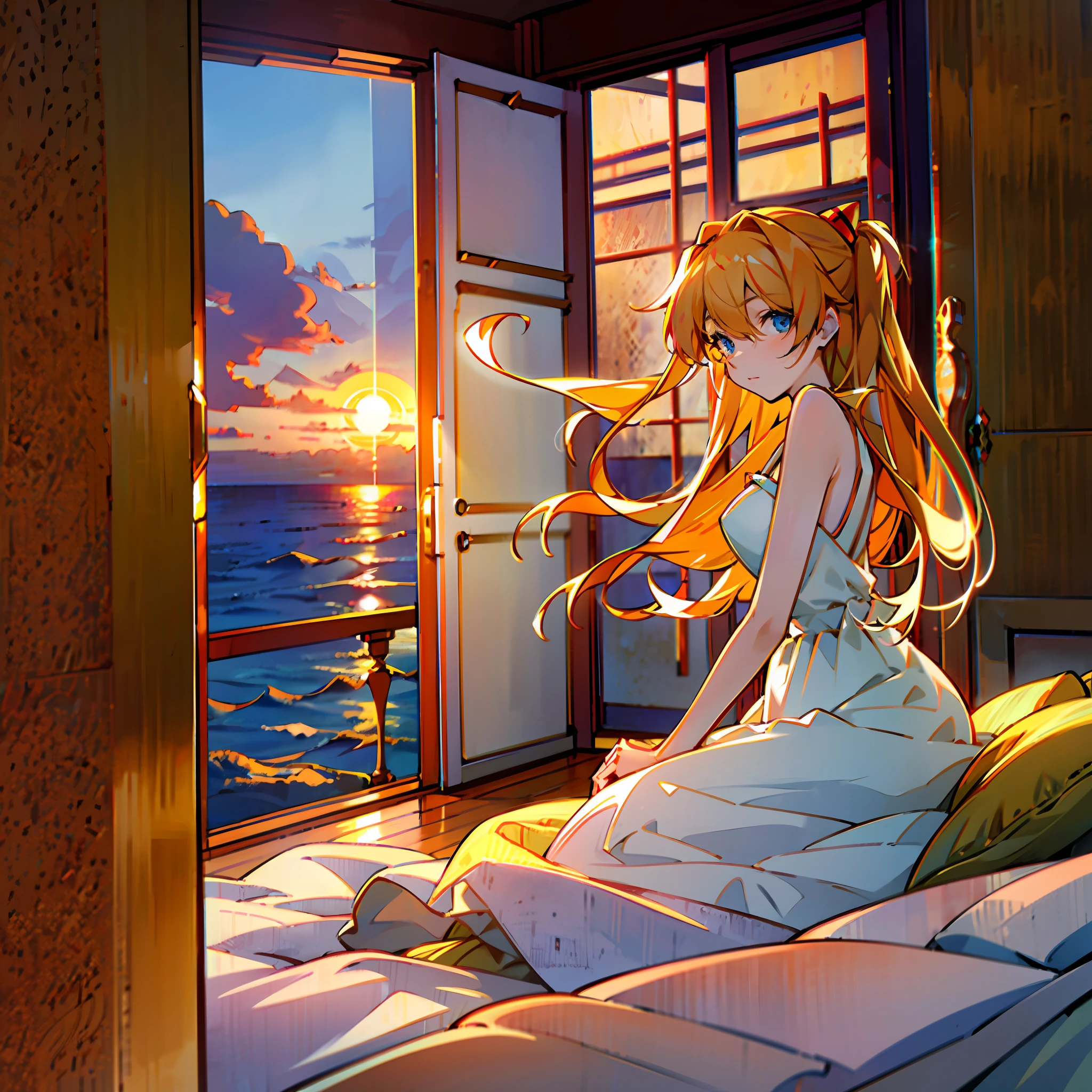 the setting sun,the sea,ventania,inside in room,doors,Open doors,Wooden floors,Beds,sit on a bed,asuka,shift dresses,white dresses,Lens level view,Close-up,Long dark yellow hair,eBlue eyes,