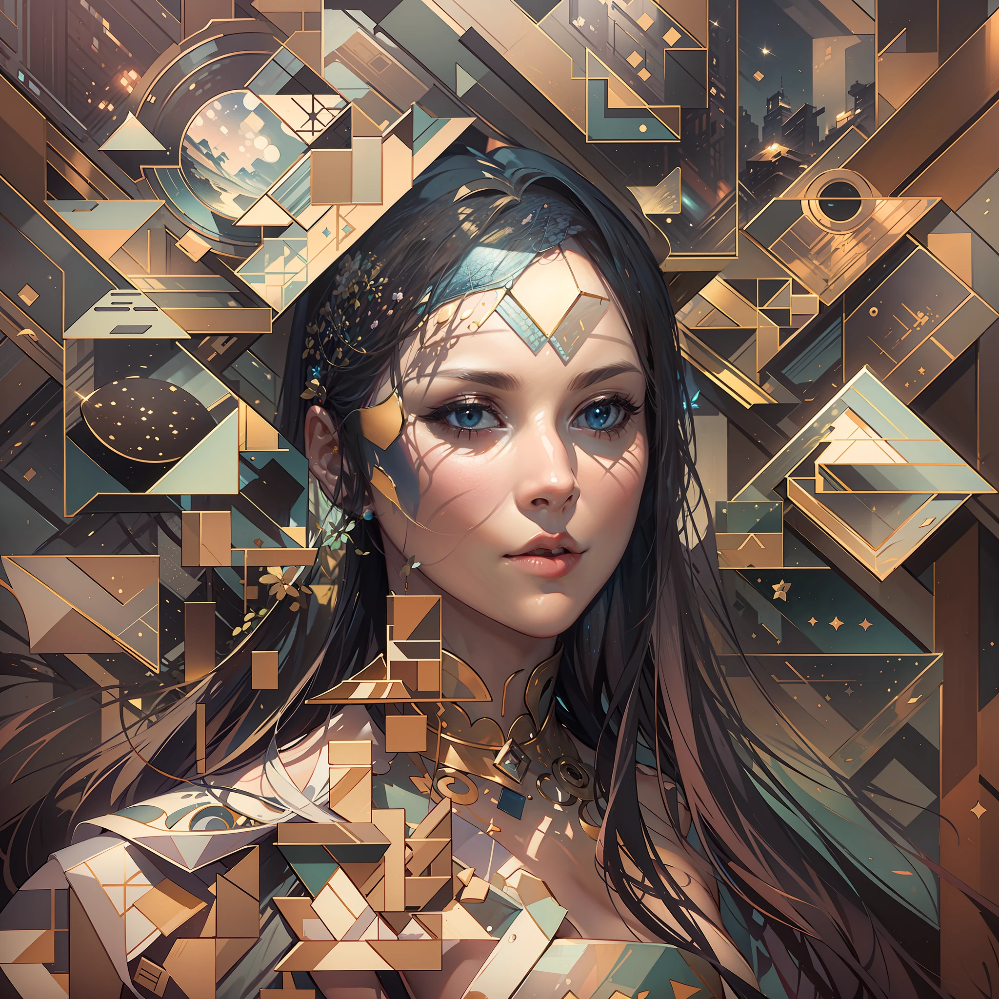 The avatar consists of simple geometric shapes，planar，closeup cleavage，In fantastic installation style，Realistic and imaginative，hang/hang，Multi-layered collage